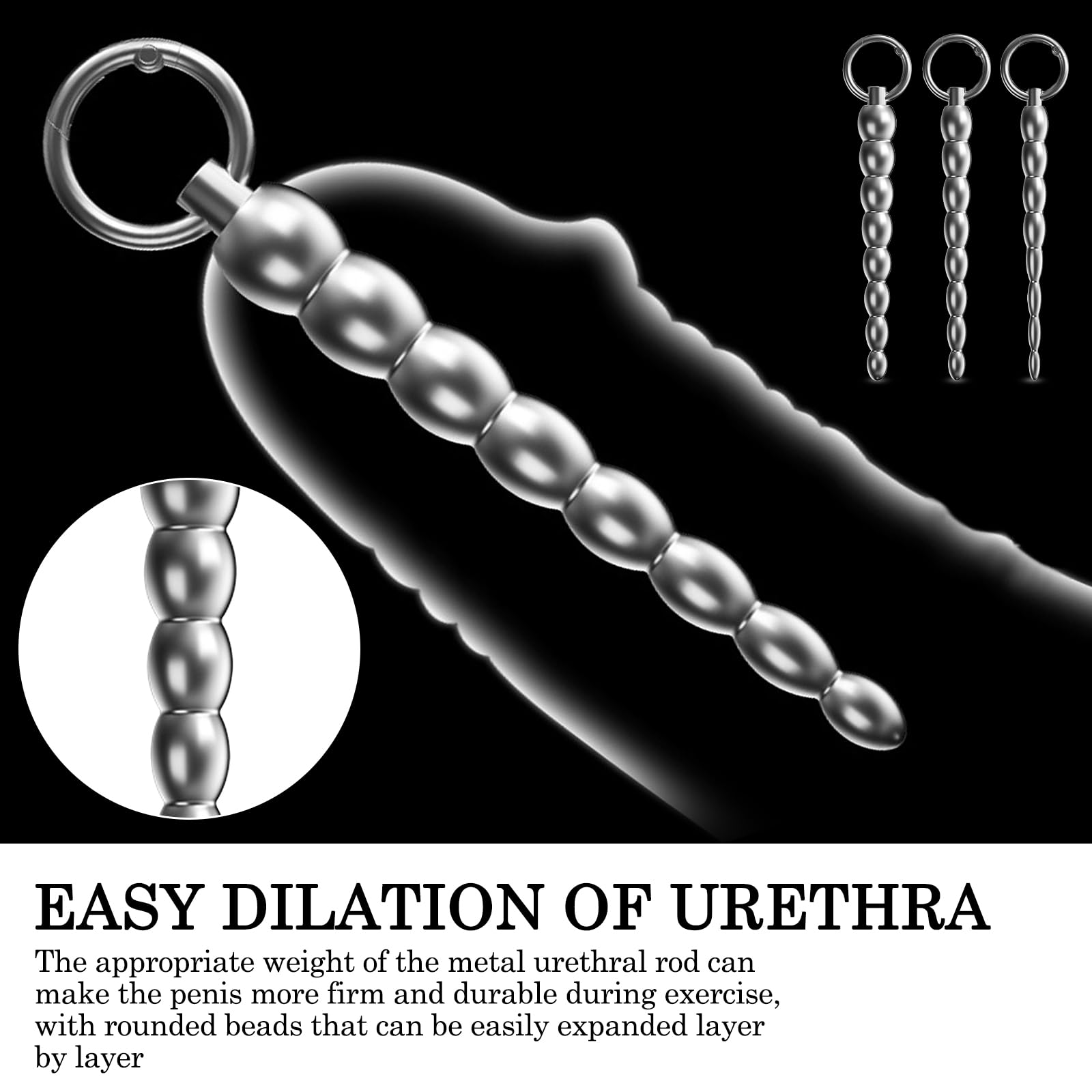 Dilatadores uretrales BDSMAGE de acero inoxidable (juego de 3) de 133 mm para hombres, tapones para el pene, juguetes sexuales eróticos para hombres.