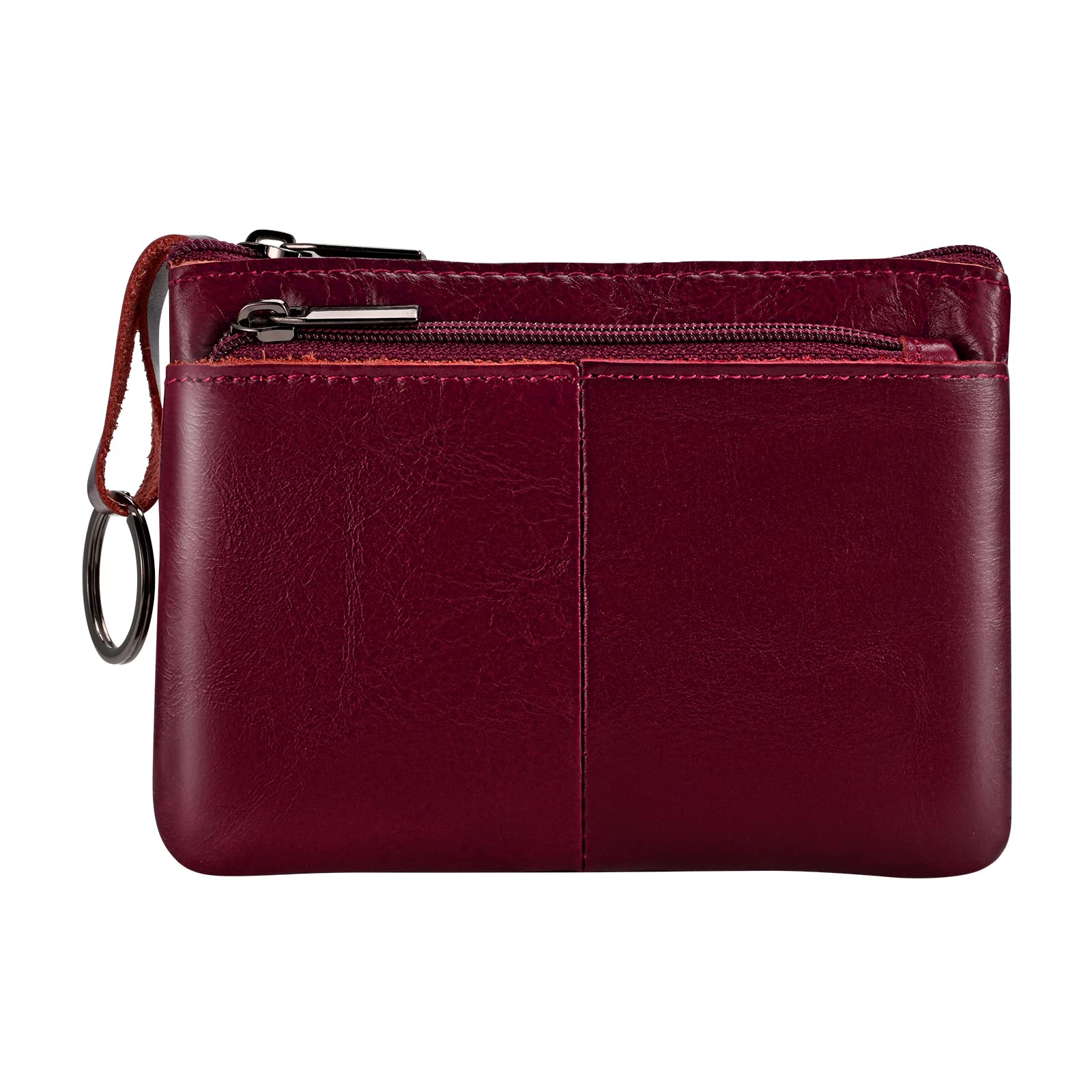 Lidwot Wine Red Genuine Leather Multi-Functional Wallet - Compact Card Holder, Coin Purse & Key Organizer with 3 Zippers, Built-in Key Ring, Perfect