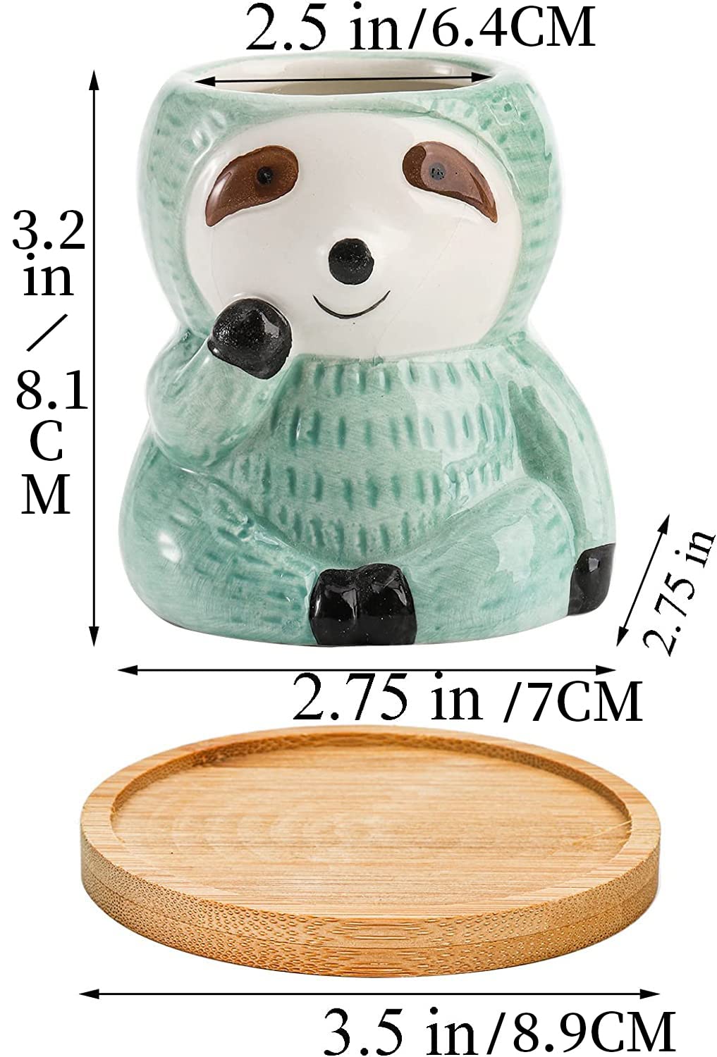 Okllen Confezione da 6 fioriere a forma di bradipo con vassoio in bambù, piccole fioriere in ceramica per piante grasse, graziosi vasi per animali, cactus, bradipo, regali per piante aeree, amanti