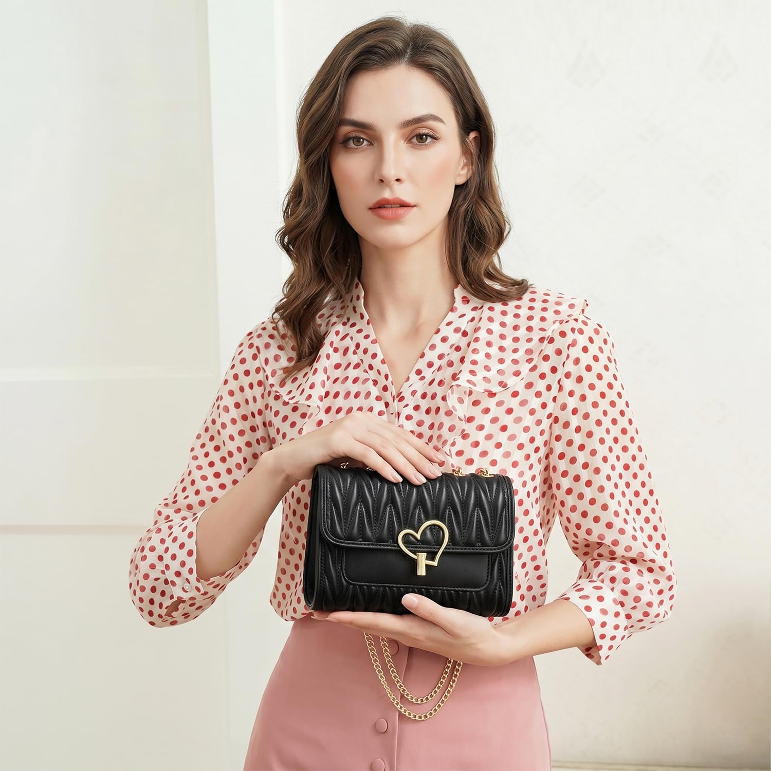 Bolso de Hombro Mujer con Cadena, Elegante Bolso Bandolera con Solapa, Bolso de Mano Cuadrado Clásico Estructurado Casual Diario Negro
