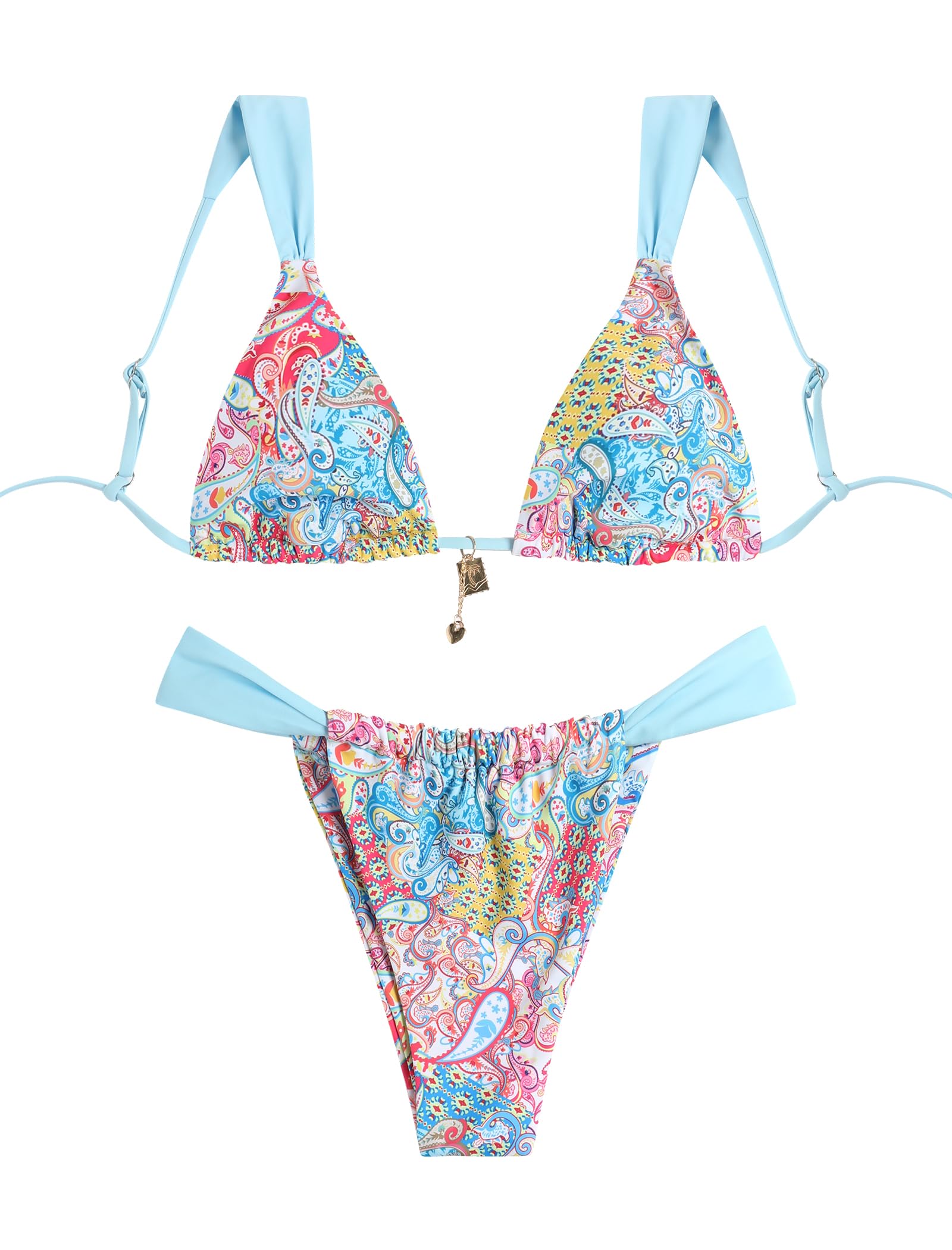 Photo 1 of ZAFUL Women's Triangle Bikini Set Bow Decor Spaghetti Straps Bikini Swimsuit 2 Pieces Thong Bathing Suits (7-Light Blue, S)