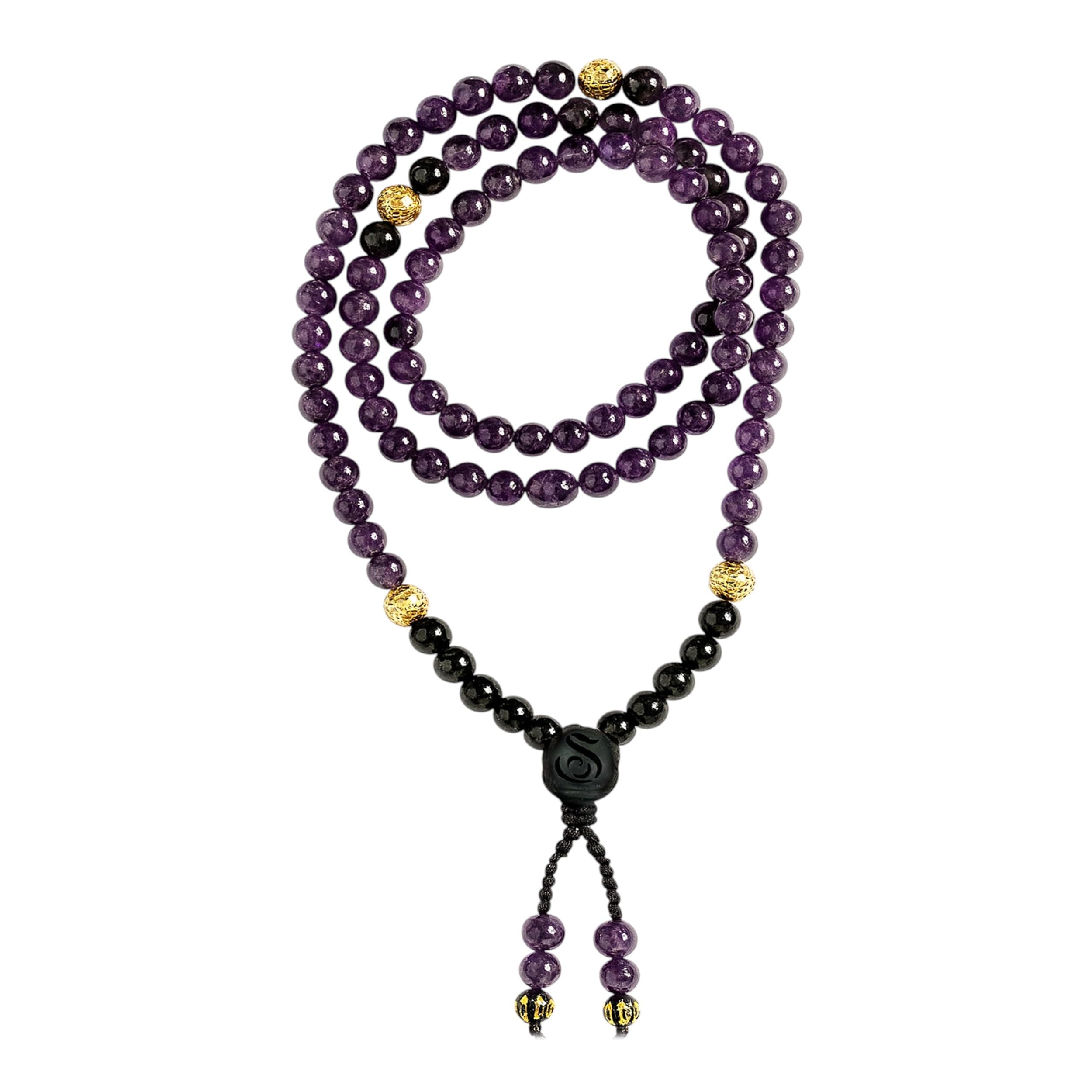 Samsara Tibetische Halskette aus Amethyst und Onyx - Tibetisches Mala mit 108 Perlen