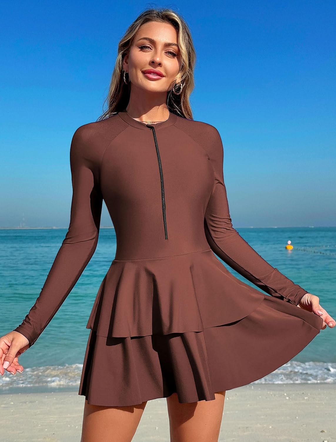 ZAFUL Women's One Piece Rash Guard Long Sleeve Modest Swimsuits Dress Zipper Bathing Suit Swimskirt - Image 3