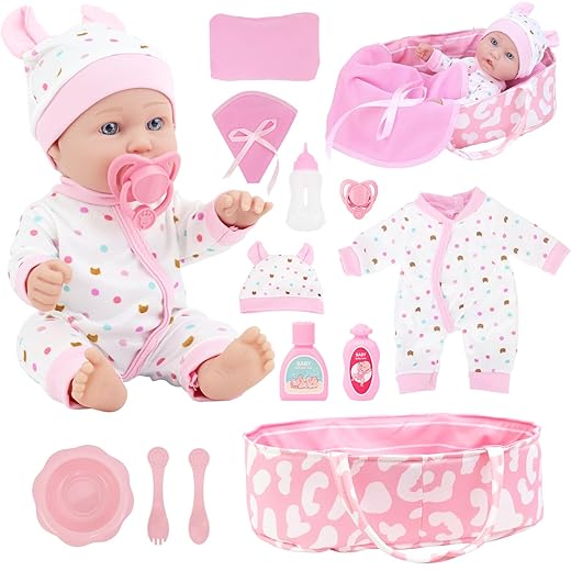 ZITA ELEMENT 12″ Baby Doll Sleeping Basket Set in Gift Box - 13 Piece Soft Baby Doll with Accessories, for Girls Ages 3+