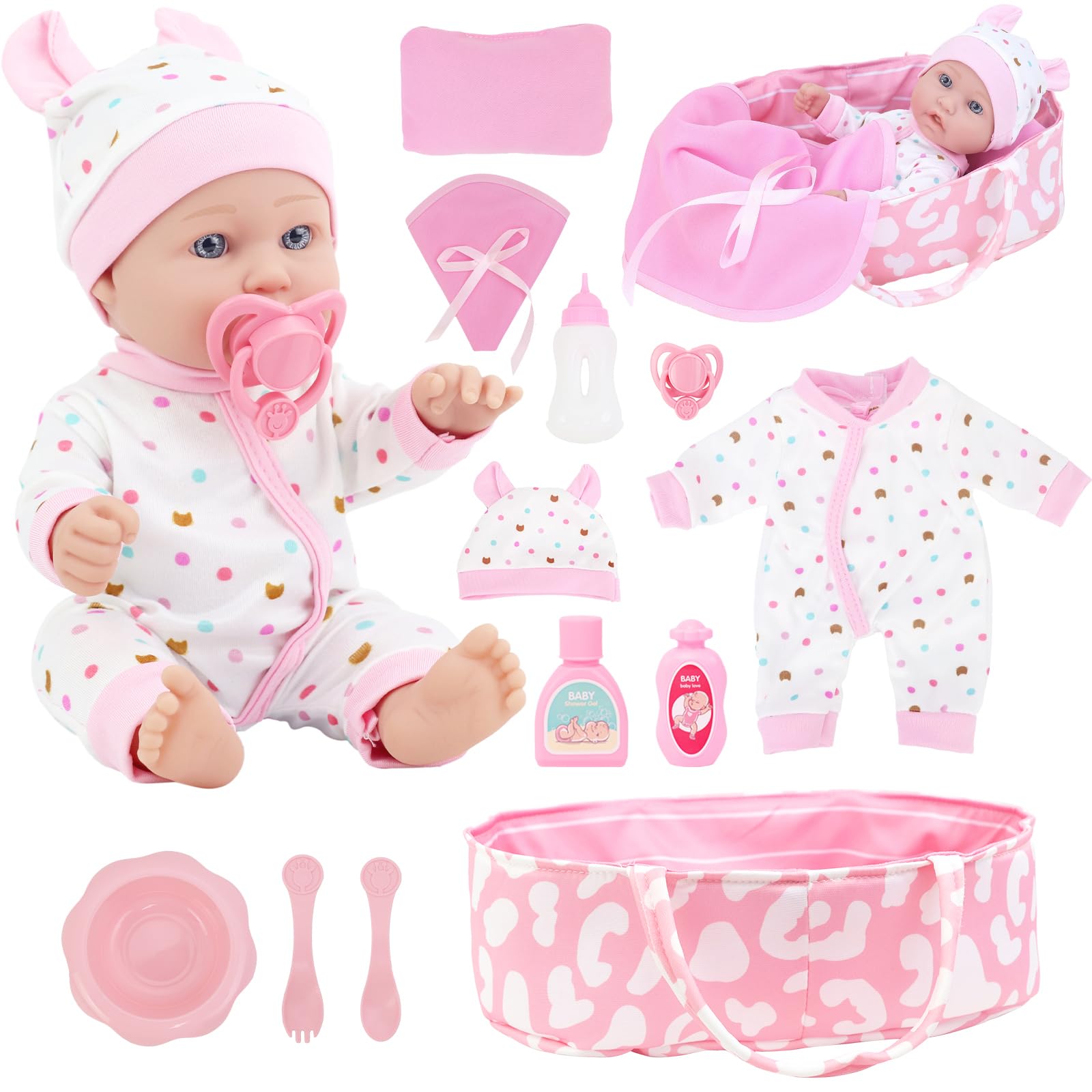 ZITA ELEMENT 12″ Baby Doll Sleeping Basket Set in Gift Box - 13 Piece Soft Baby Doll with Accessories, for Girls Ages 3+