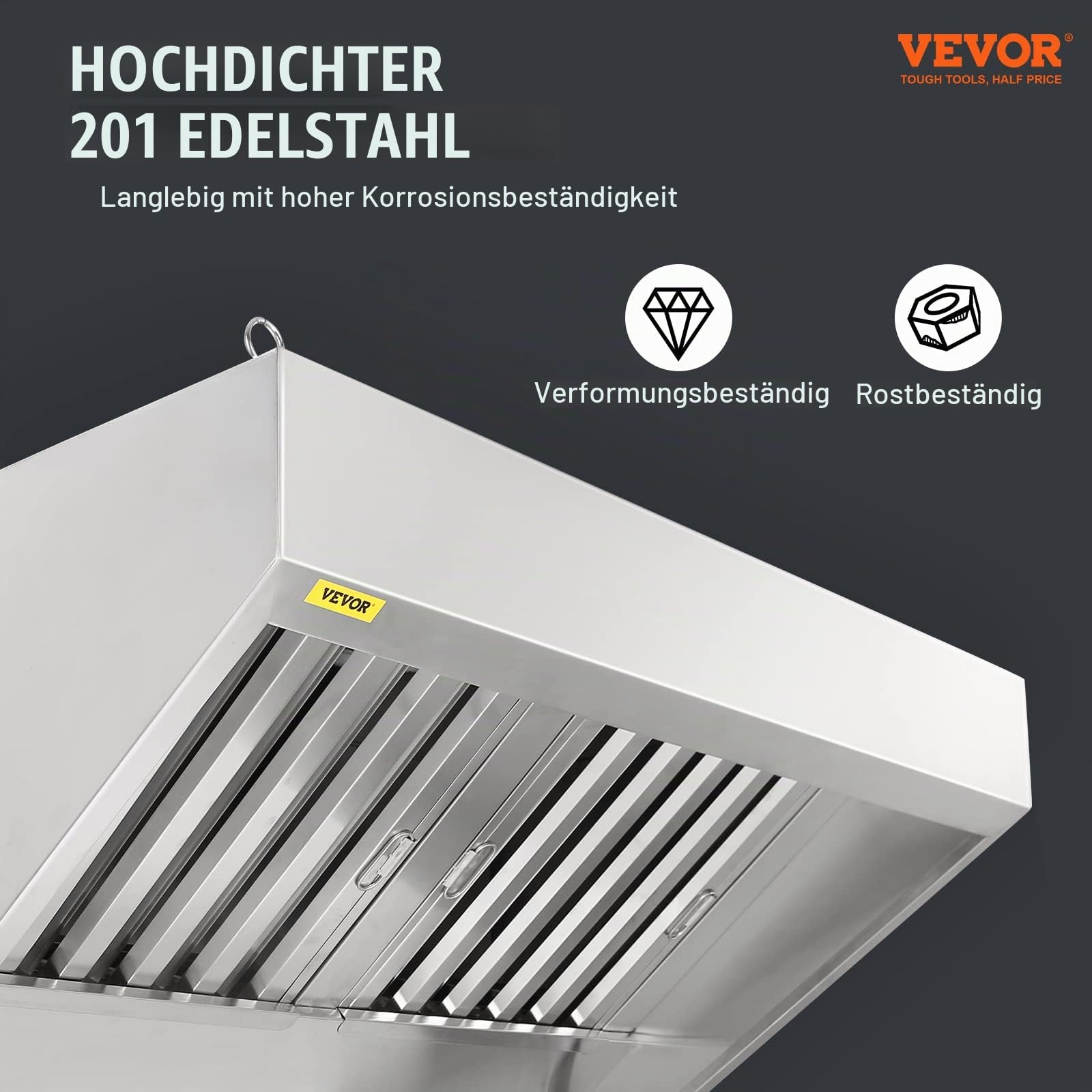 VEVOR Gewerbliche Dunstabzugshaube, 1,2 m Ablufthaube für Lebensmittel-Trucks, Edelstahl-Wandhaube für Konzessionsanhänger mit 2 Abnehmbaren U-förmigen Ölfilternetzen, Rostbeständige Abzugshaube