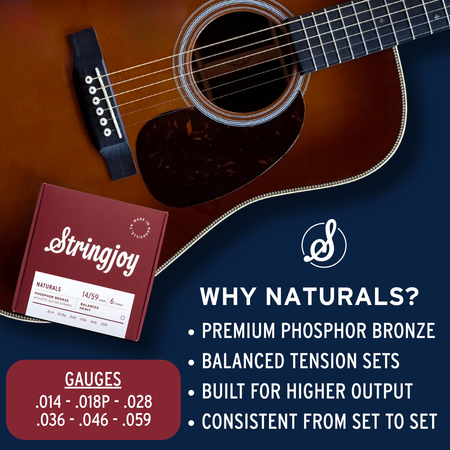 Stringjoy - Corde per chitarra acustica in bronzo fosforoso naturale di grosso calibro e bilanciate 14-59, NB1459, tono chiaro e brillante di lunga durata, set da 6 corde, confezione da 2