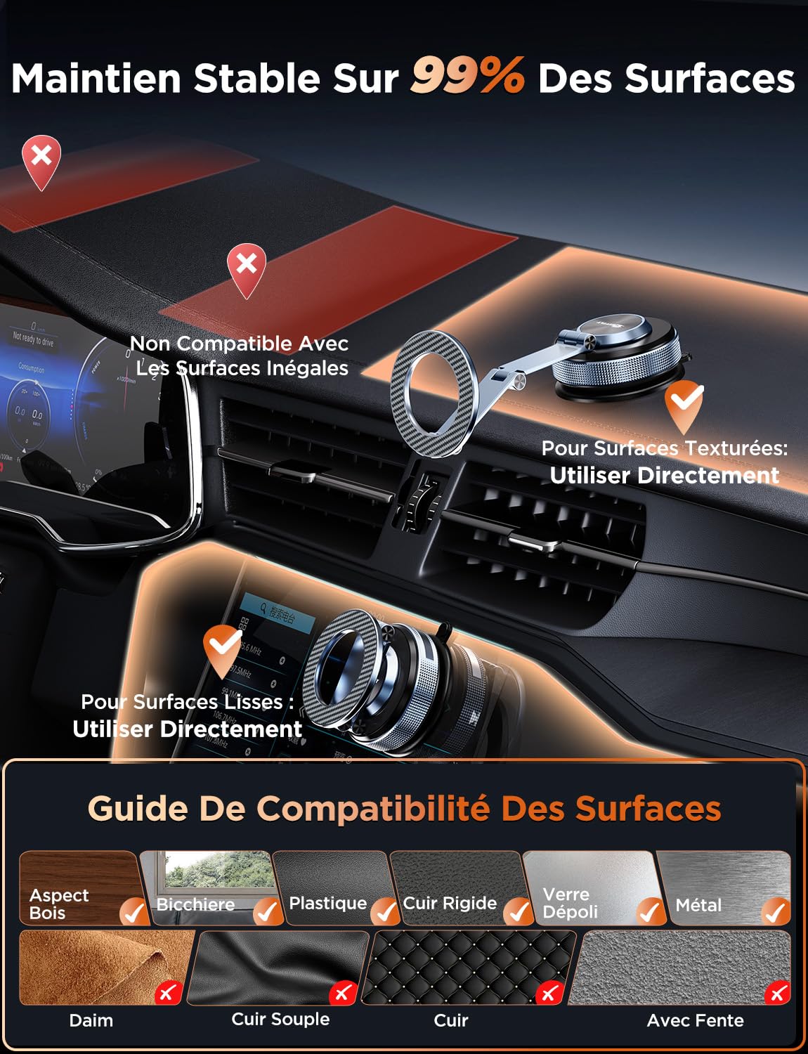 MSXTTLY Support Téléphone Voiture – Vmag S3 Adaptateur Magnets Puissants ＆ Longue en Alliage, Support Téléphone Portable pour iPhone 17 Pro Max, iPhone 16 Pro Max et Android (avec Anneau Magnétique)