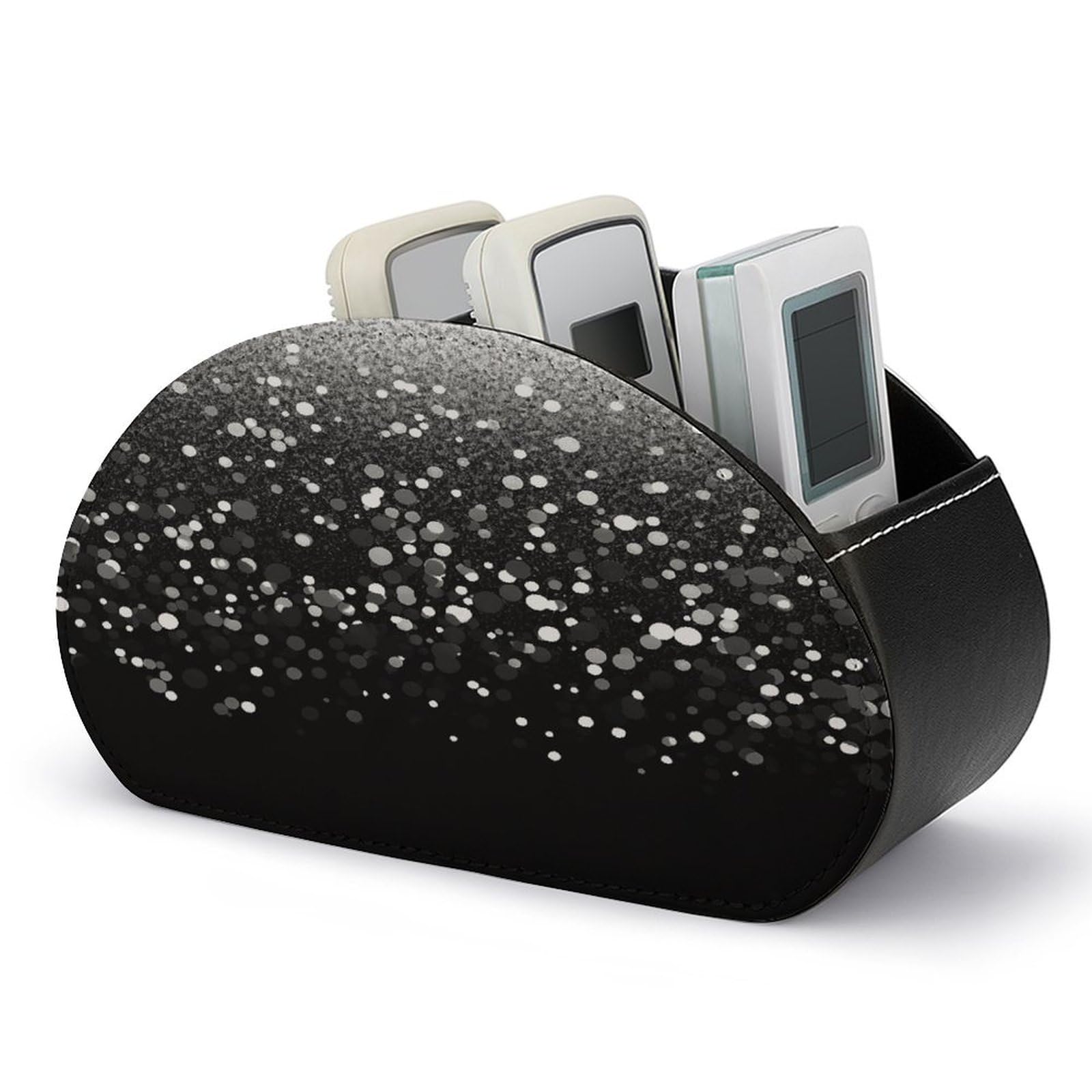 GHENBLT Remote Control Holder, Leather TV Black White Glitter Remote Caddy Organizer, Desktop Organizer with 5 Compartments, Bedside Table Organizer for Home, Office, Living Room, Nightstand