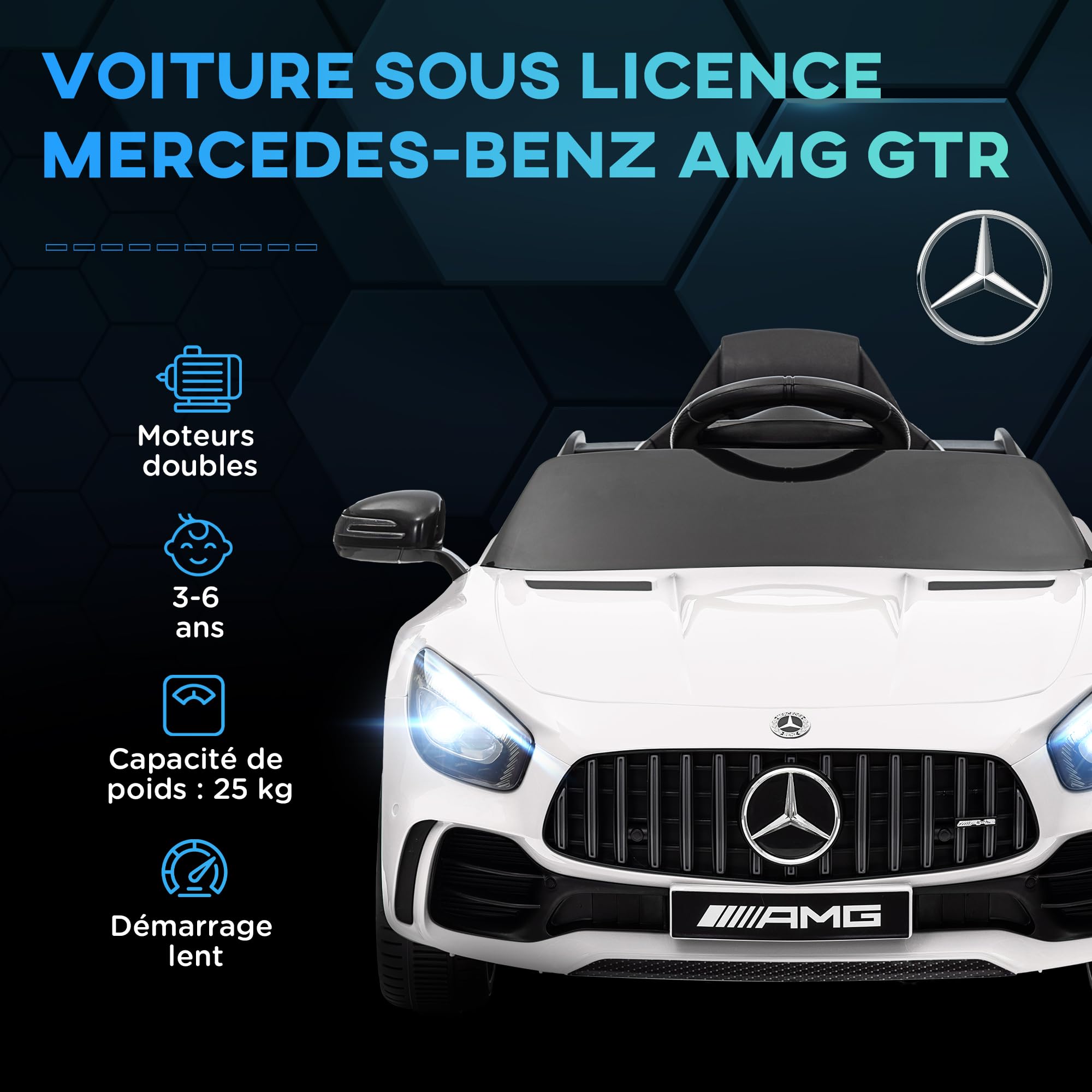 AIYAPLAY Voiture Électrique Enfants Mercedes-Benz AMG GTR 12V Blanc | sous Licence, Télécommande 2,4G, Max. 5 km/h, Véhicule Électrique Enfant, Phares, Klaxon Et MP3, Blanc