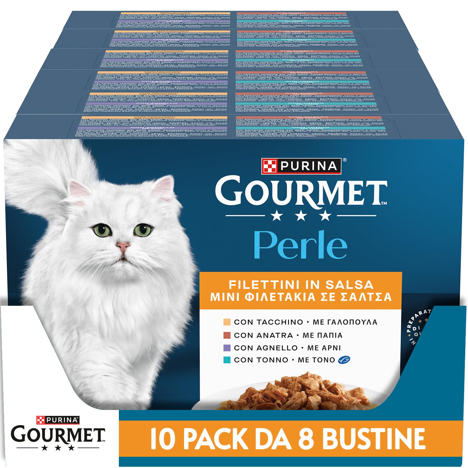 GOURMET Perle Cibo Umido per Gatti Adulti Filettini in Salsa con Tacchino, Tonno, Anatra, Agnello 80 Buste da 85g | Confezione 80x85g | Gusti: Tacchino, Agnello, Tonno, Anatra