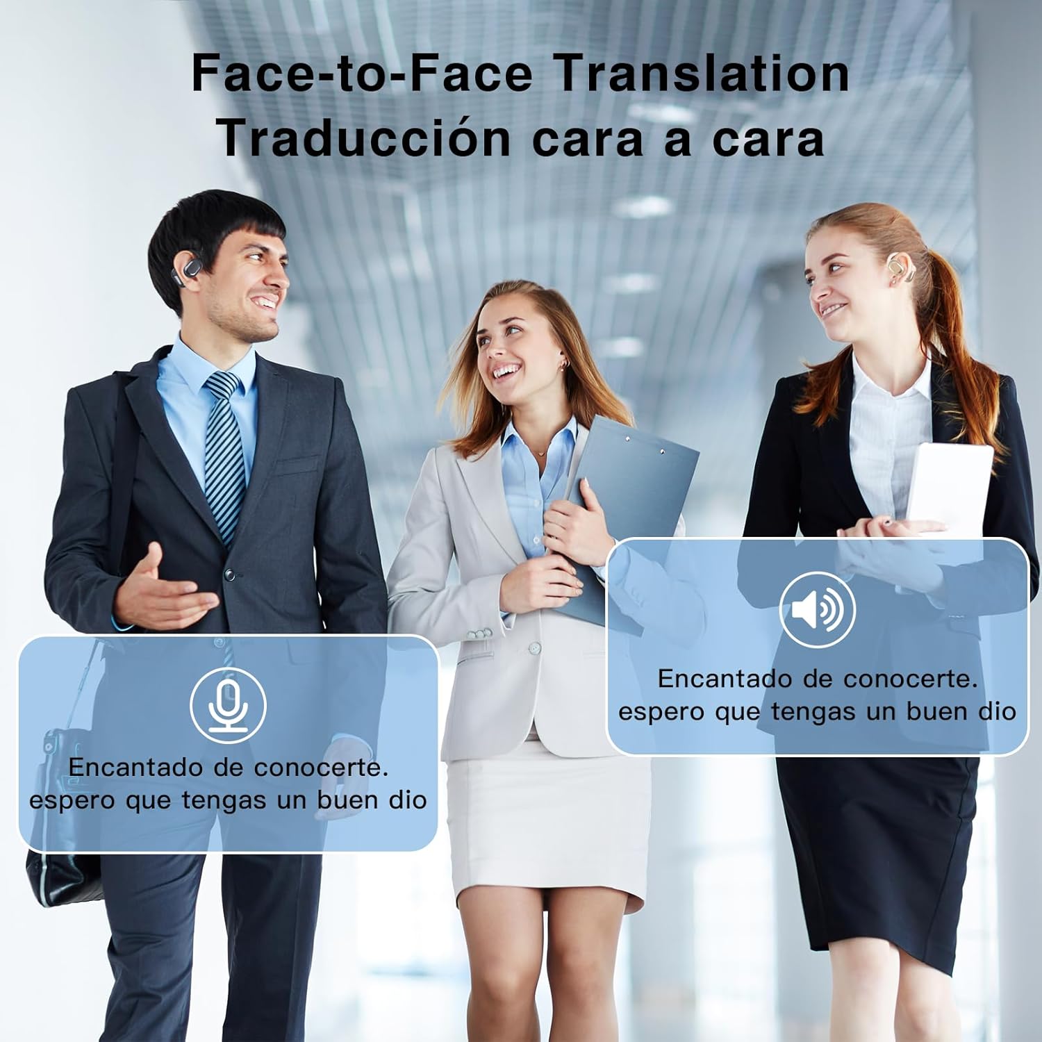 Three people engaged in conversation, with text bubbles showing translated phrases, illustrating face-to-face translation.