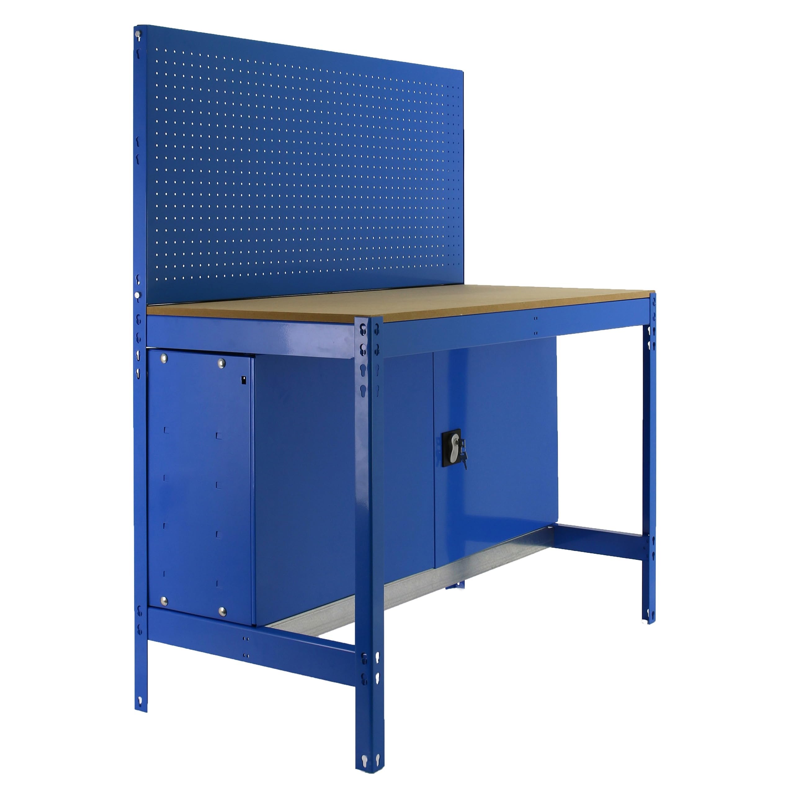 Simon Rack Banco da lavoro per officina, capacità di carico 400 kg, 1445x910x610 mm, Pannello Forato, Tavolo da lavoro fai da te, Blu/Legno - BT2