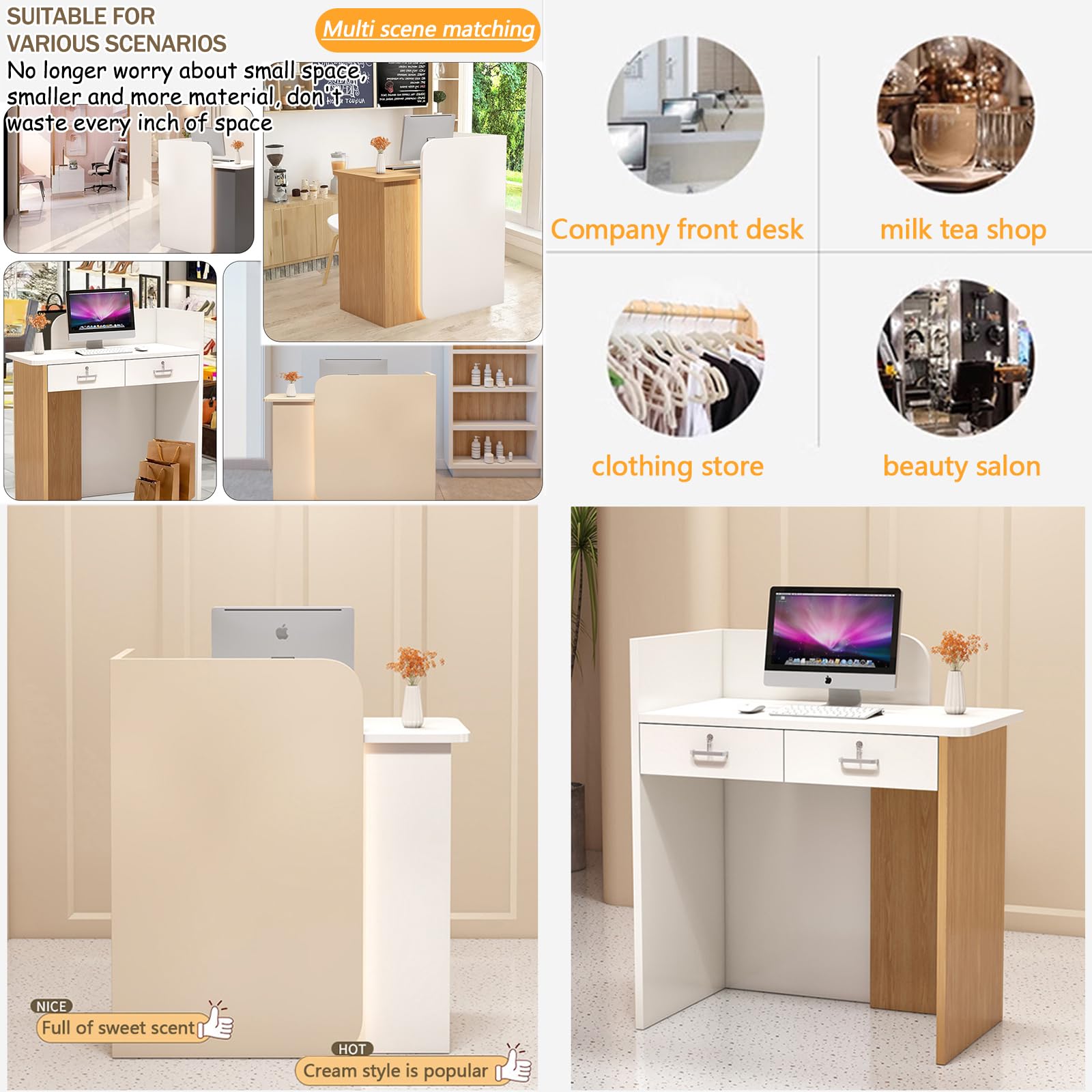 Bancone Reception Moderno In Legno Con Cassetti E Spazio Di Armadietto, 60-200cm Cassa Banco Negozio, Accoglienza Per Salone Di Bellezza, Hotel, Ufficio E Sale Aziendali, Dimensioni E Colori A Scelta