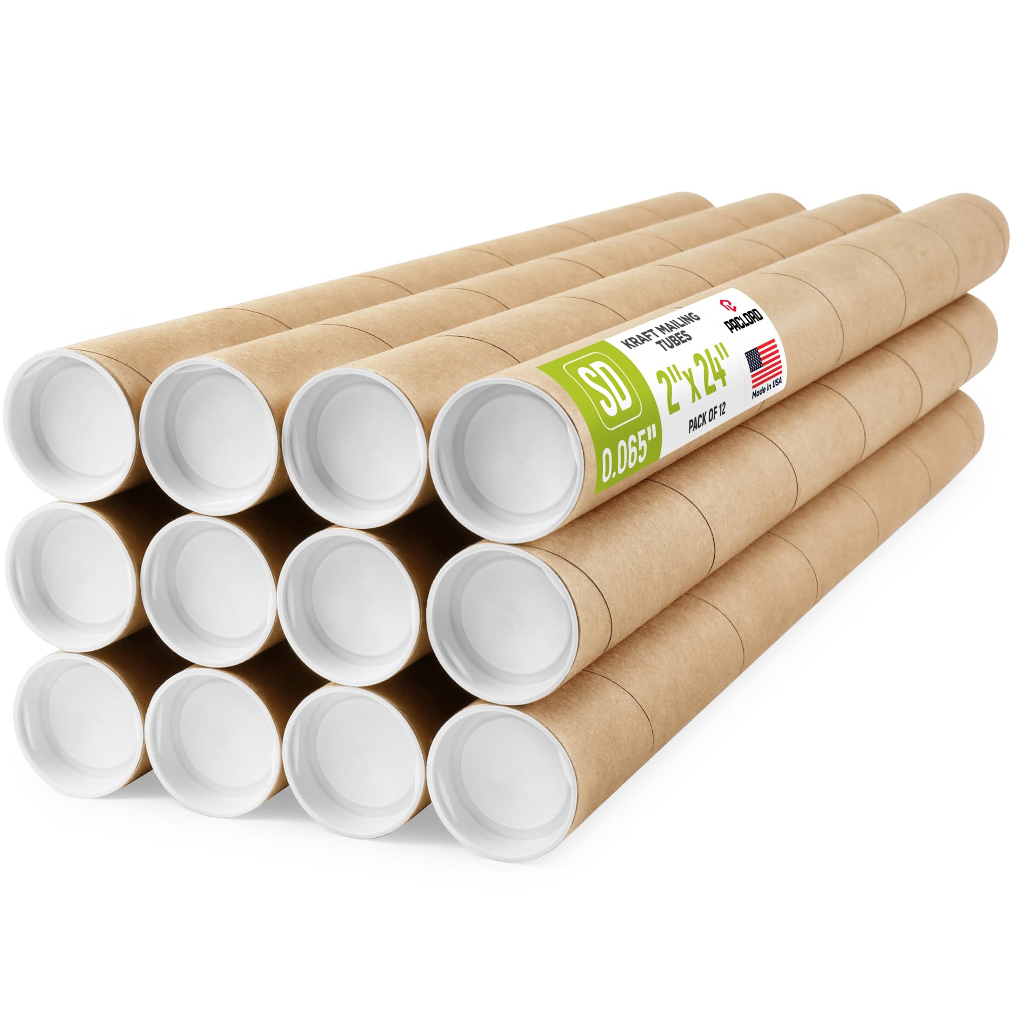 Tubos de correo de papel kraft reforzados de 2 x 24 pulgadas, paquete de 12 tubos con 2 tapas cada uno, tubo de póster aprobado por USPS, tubo de cartón fabricado en Estados Unidos para enviar y