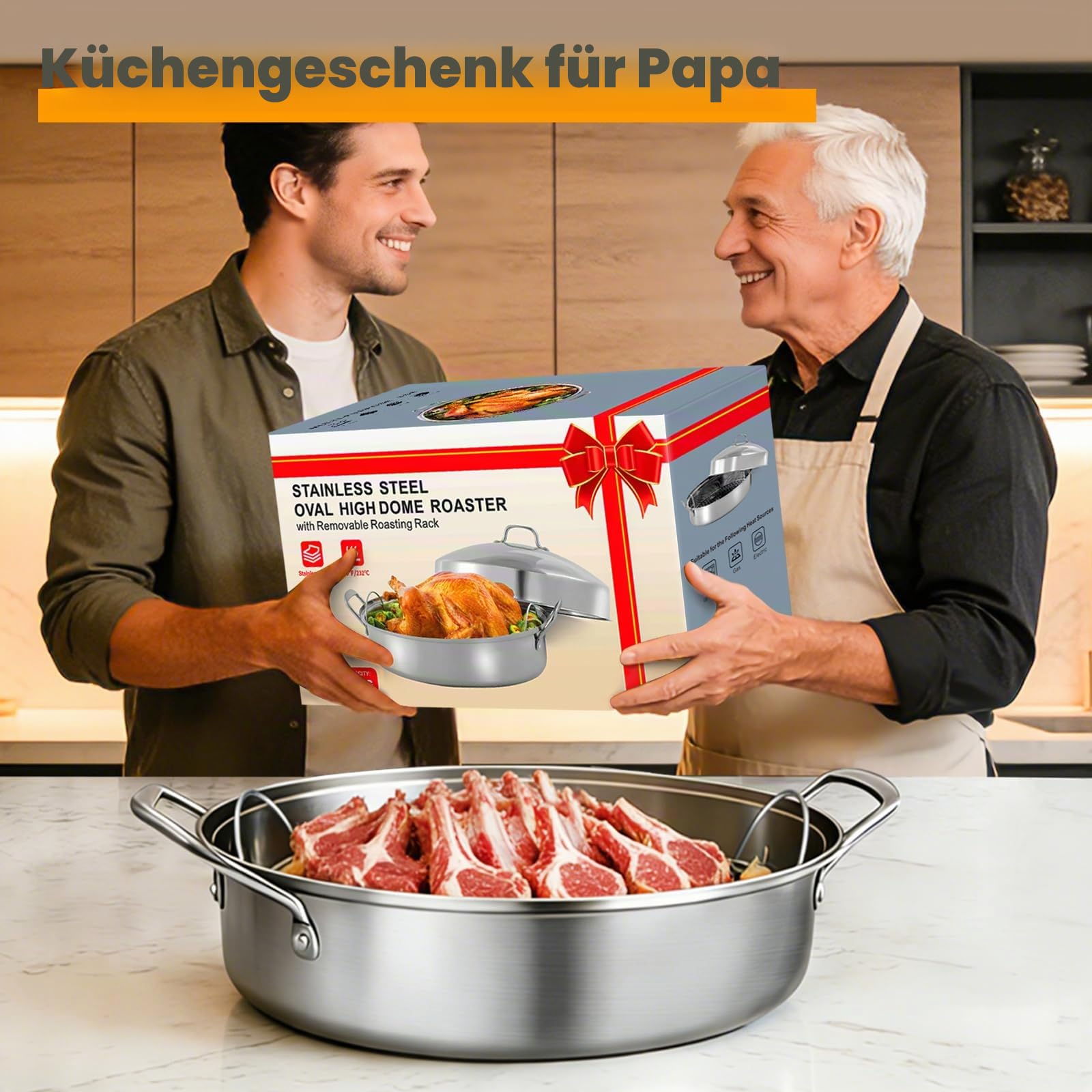 Großer Bräter mit Rost und Deckel, Geschenke für Mutter, Frauen, Ehefrau, Edelstahl, großer ovaler Bräter, antihaftbeschichtet, Ofen-Kochgeschirr für Truthahn, Huhn, 53,3 cm