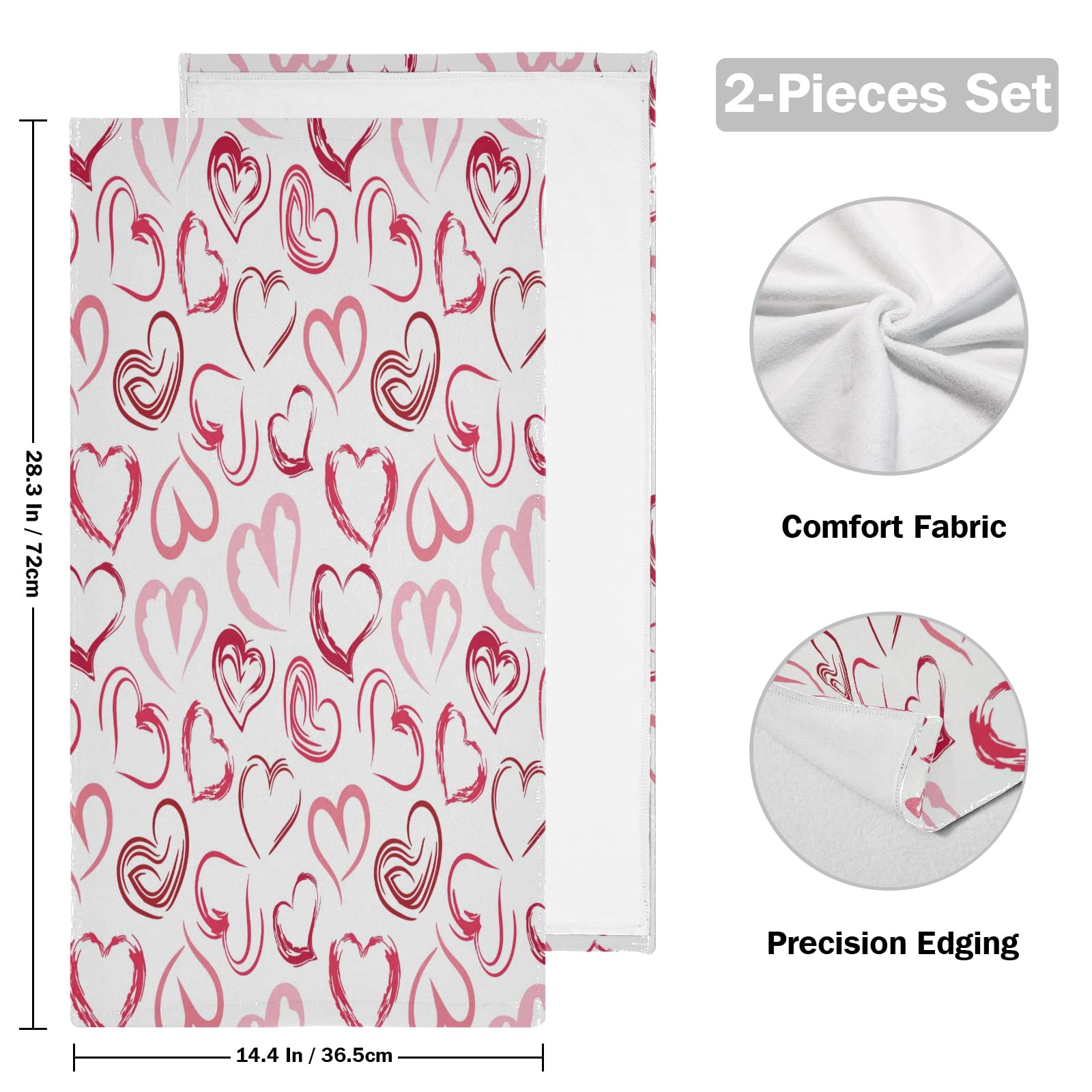 Valentines Day Face Towel Set of 2,Love Hearts Hand Towel Dish Towels Beach Towels Bath Kitchen Decor Set, 30x15