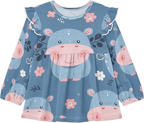 Toddler Girl Long Sleeve Shirt Ruffle Kids Blouse Tops Tee Shirt 18M-5T(Cute Hippo Floral,2T)