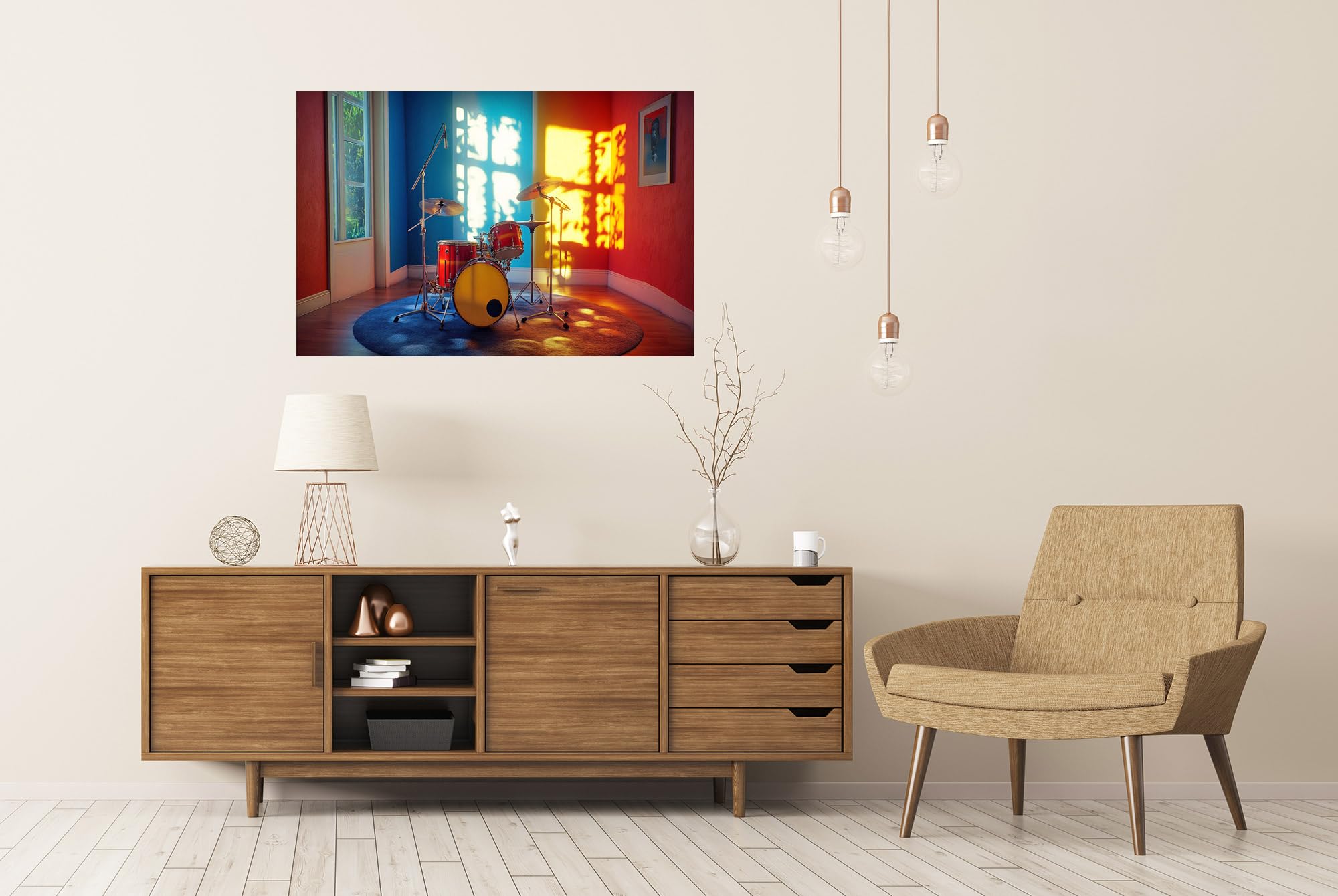islandburner Prime XXL - Poster con batteria in camera illuminata dal sole, per soggiorno, amanti della musica, negozio di musica, immagini di alta qualità