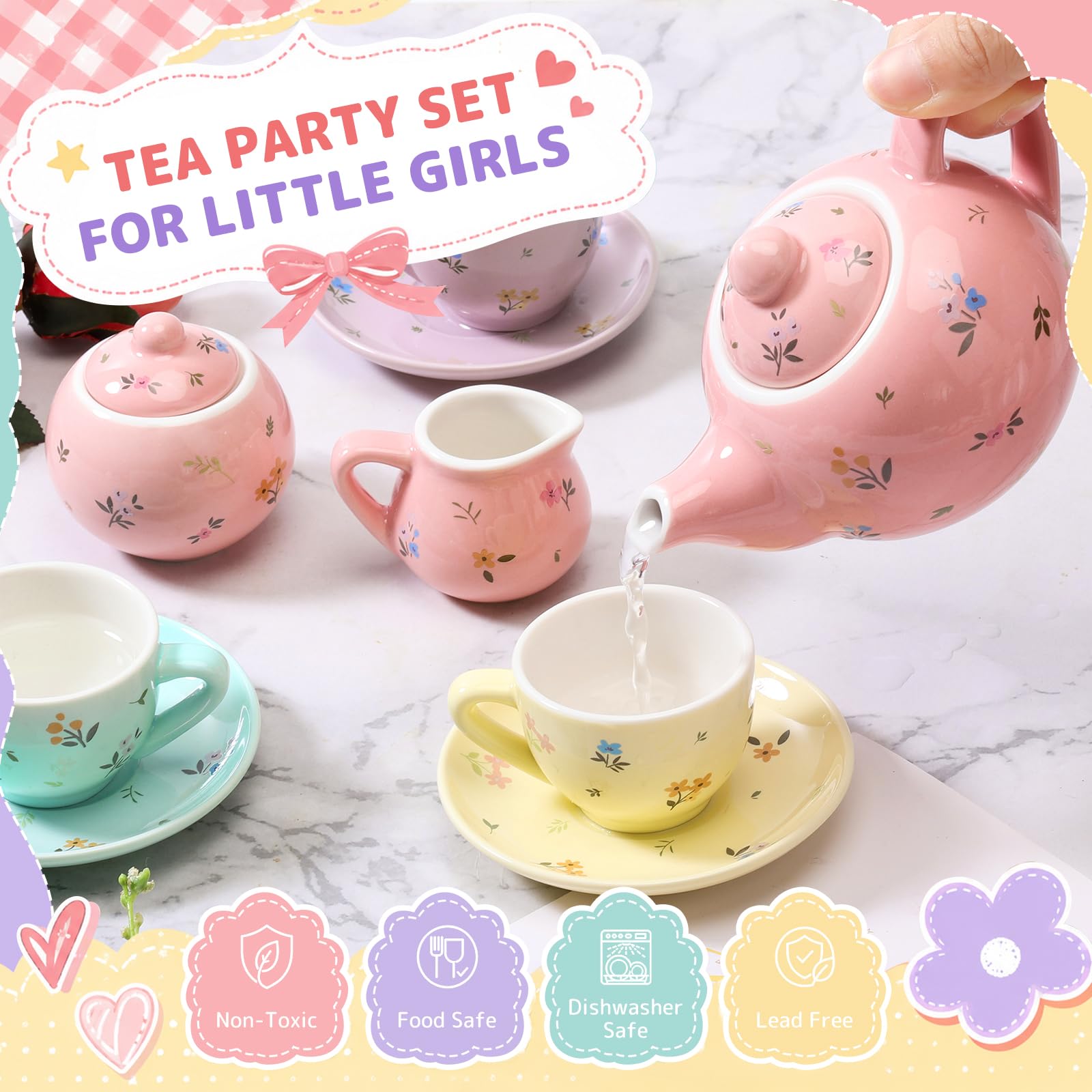 CHENP.HMC Juego de fiesta de té para niñas pequeñas, juegos de 13 piezas para fiesta de té de lata con tazas, platillos, platos y bandejas para servir, regalo de cumpleaños para niñas (HWC)