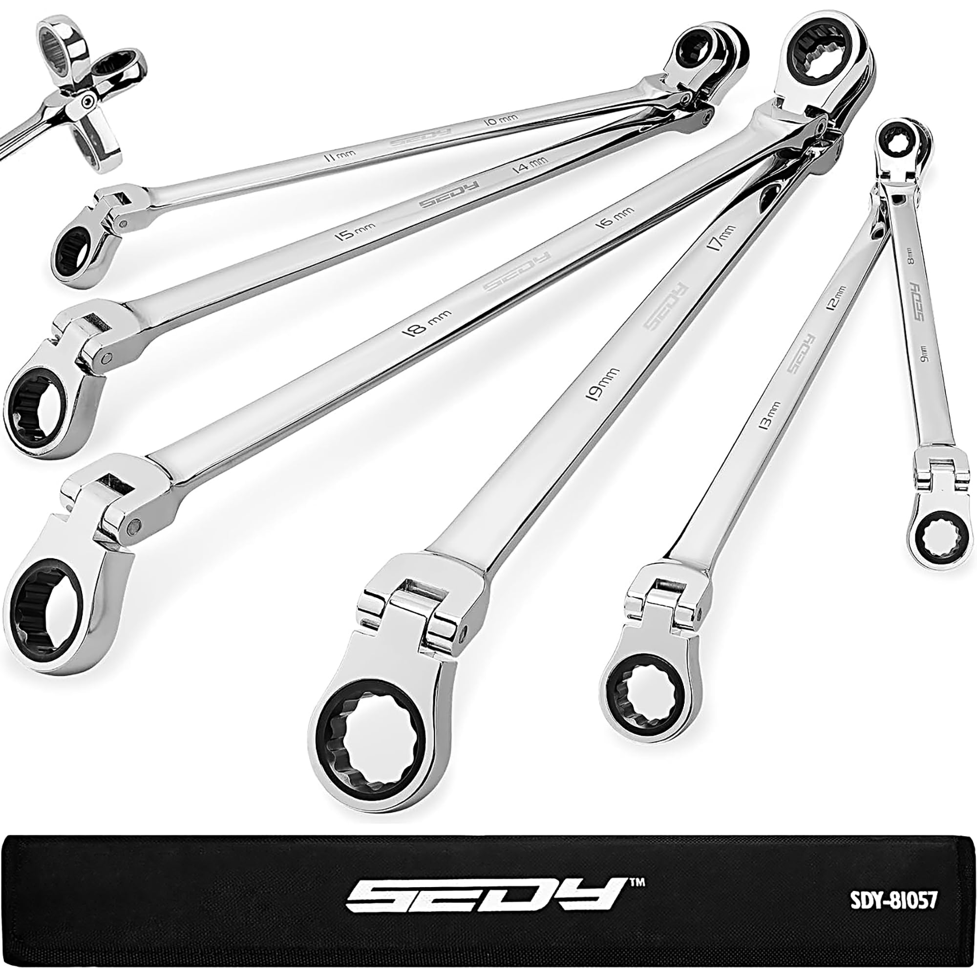 Extra Long Flex-Head Ratcheting Wrench Set, Anti-Slip 6-Piece