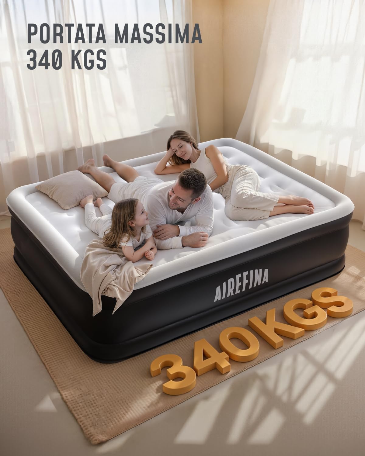 Airefina Materasso Gonfiabile Matrimoniale, Letto Gonfiabile con Pompa Integrata, Materassino Gonfiabile per Casa, Ospiti o Campeggio, Comodo e Resistente 152 x 203 x 46 cm