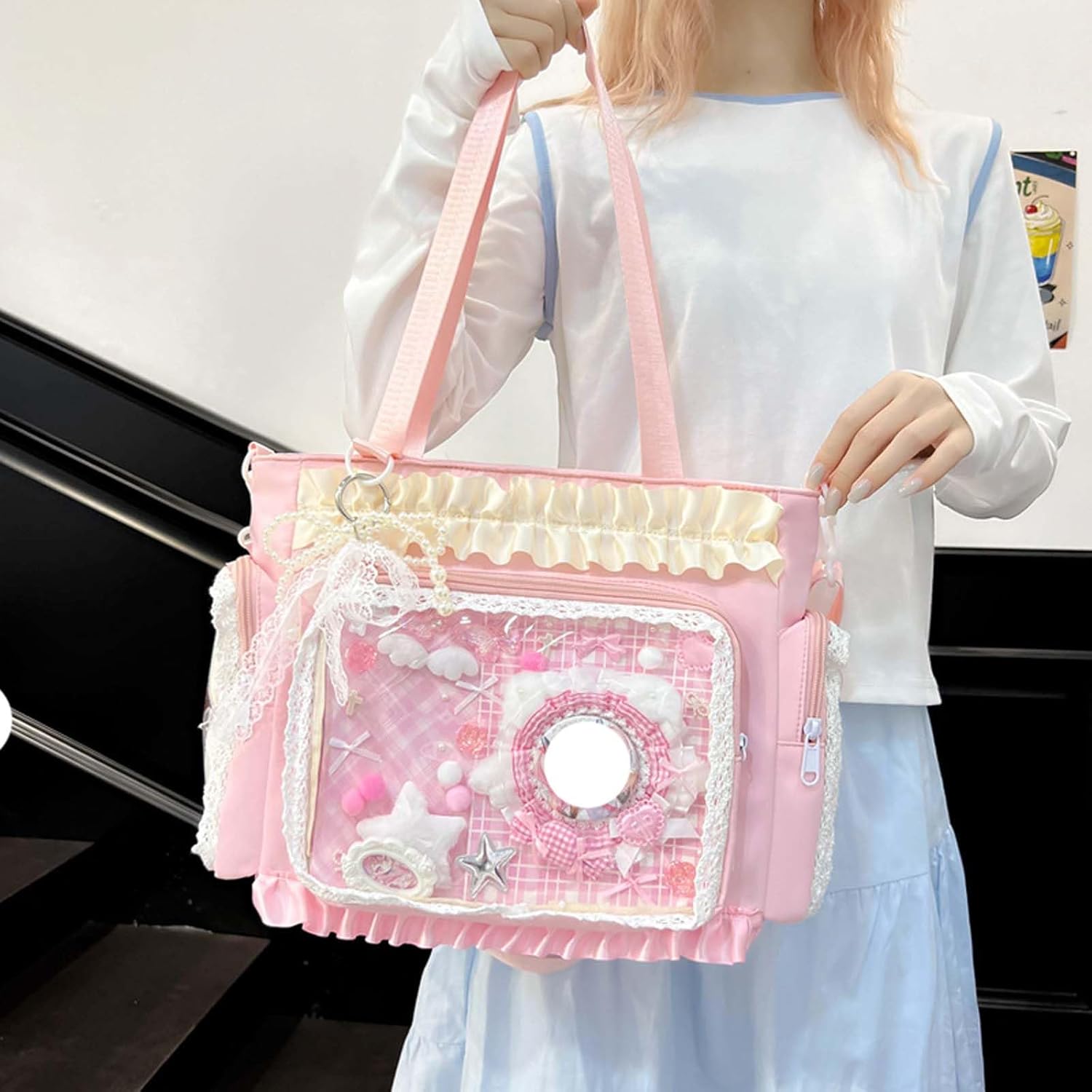 Lace itabag ruffle Shoulder Purse, Pin display bag with Insert Anime badge Display - Image 6