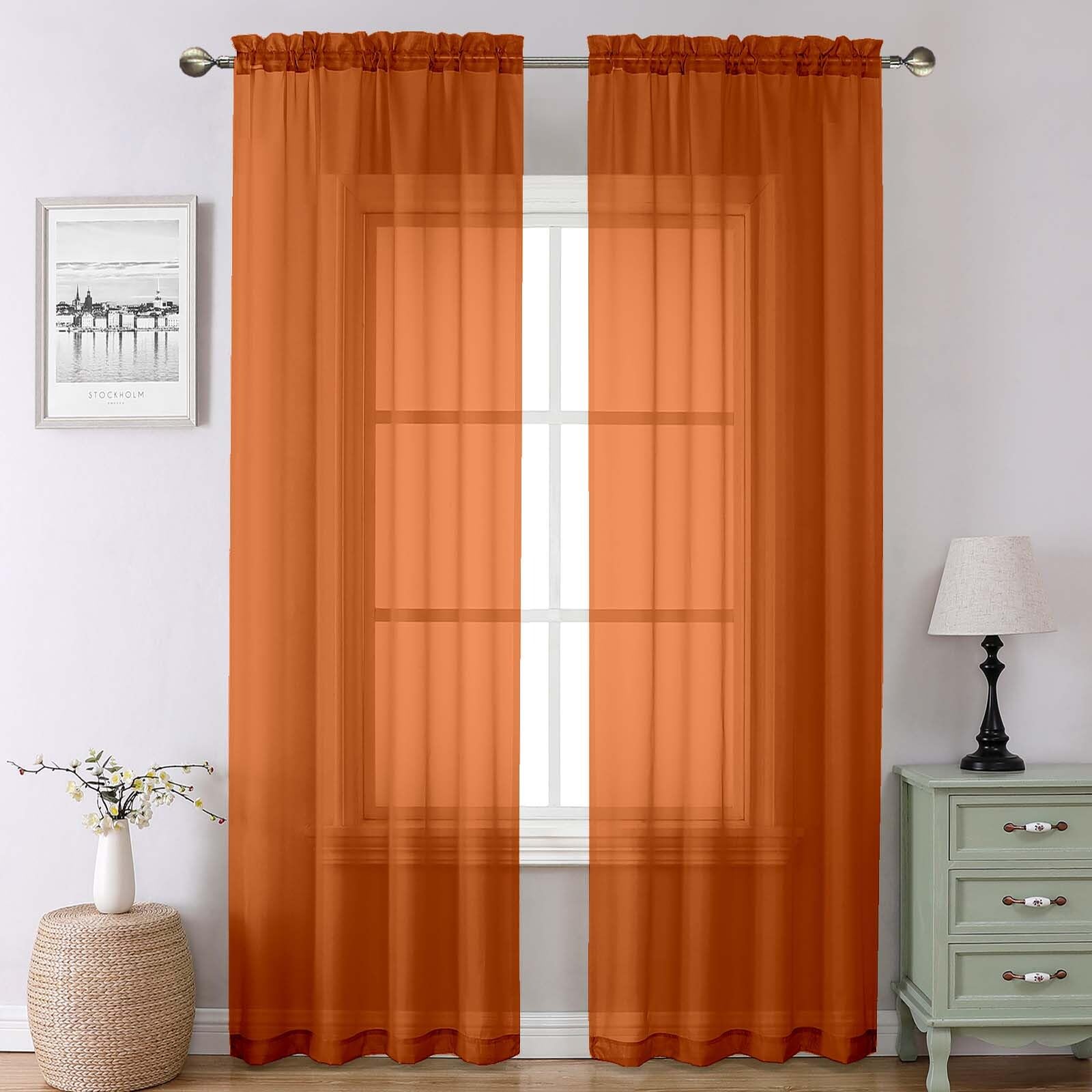 Lecloud Orange Sheer Curtains 90 Inches Long 2 Panels, Light Filtering Voile Airy Curtains, Balance Light Privacy Window Treatments with Rod Pocket for Bedroom Living Room, Each 42" W x 90" L