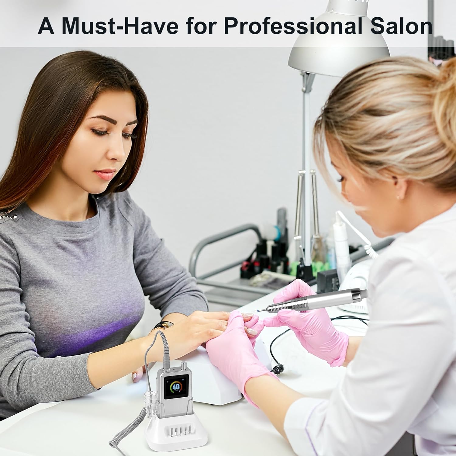 Professional Nail Drill- 40000RPM Brushless Nails Drill, Cordless Nails Drill Rechargeable Vibration-Free IMENE Electric Nail File for Manicure, Acrylic Gel Nails Removing, Home & Salon Use（Silver）