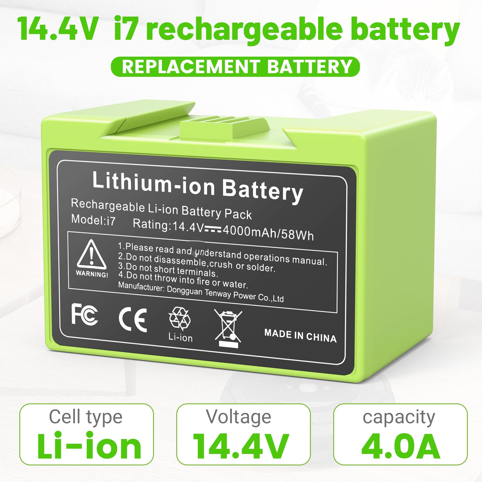 Batterie adaptée pour iRobot Roomba e5, i7 Li-Ion 14,4V 2500mAh 36Wh