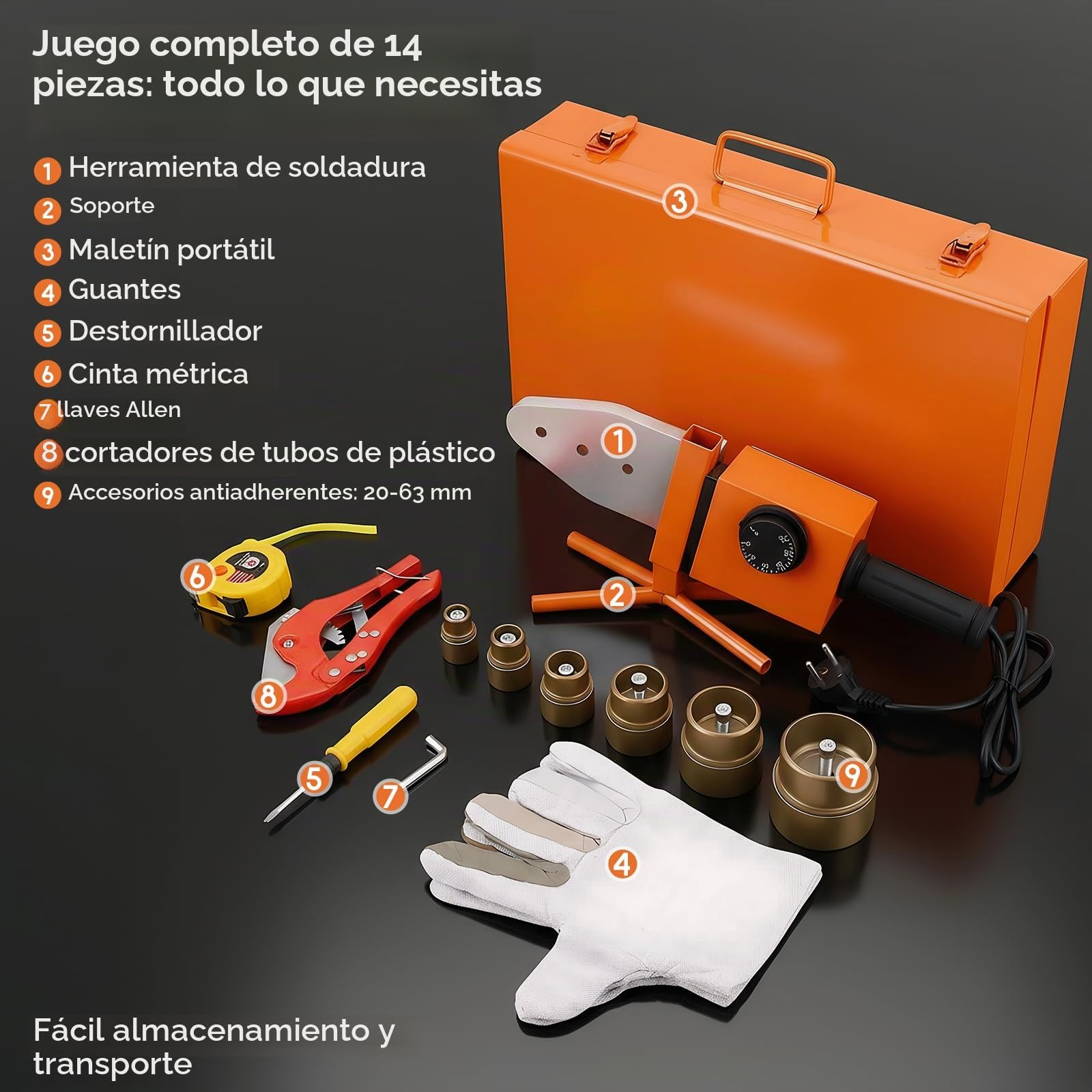 Soldadora De Tubos Ppr De 1600W, Soldadora Profesional Para Tubos De PláStico De ø20–63 Mm Juego Accesorios De 14 Piezas Control De Temperatura De 50–300 °C Para Tubos De Pe Pp Pb Y Pvdf