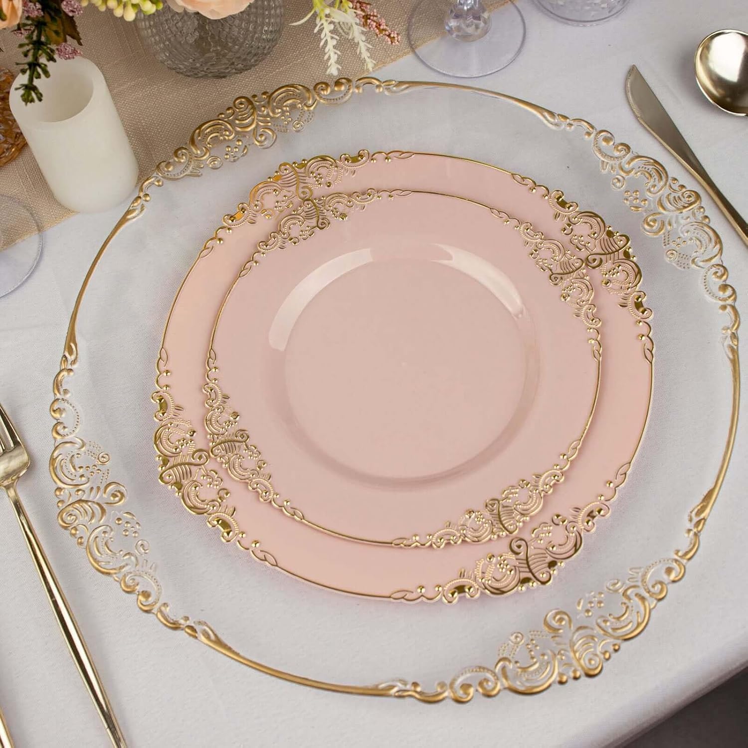 Efavormart 10 Pack | 8" Blush Rose and Gold Baroque Dessert Plates, Leaf Embossed Metallic Rim Heavy Duty Appetizer Plates for Romantic Showers