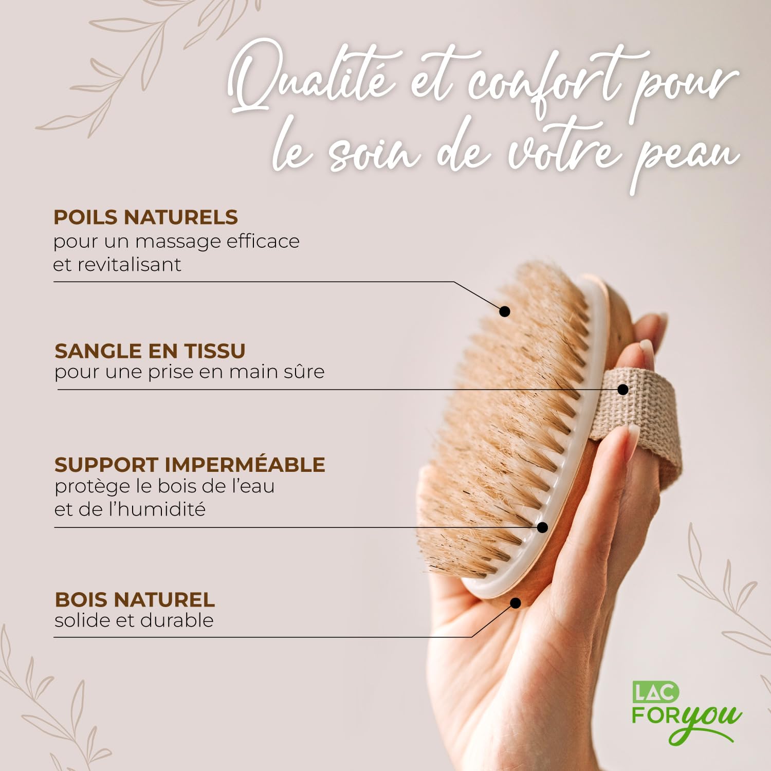 LAC FOR YOU Brossage a Sec Drainage Lymphatique en Bois et Poils Naturels - Brossage a Sec Exfoliante Corps et Massage Anti-Cellulite