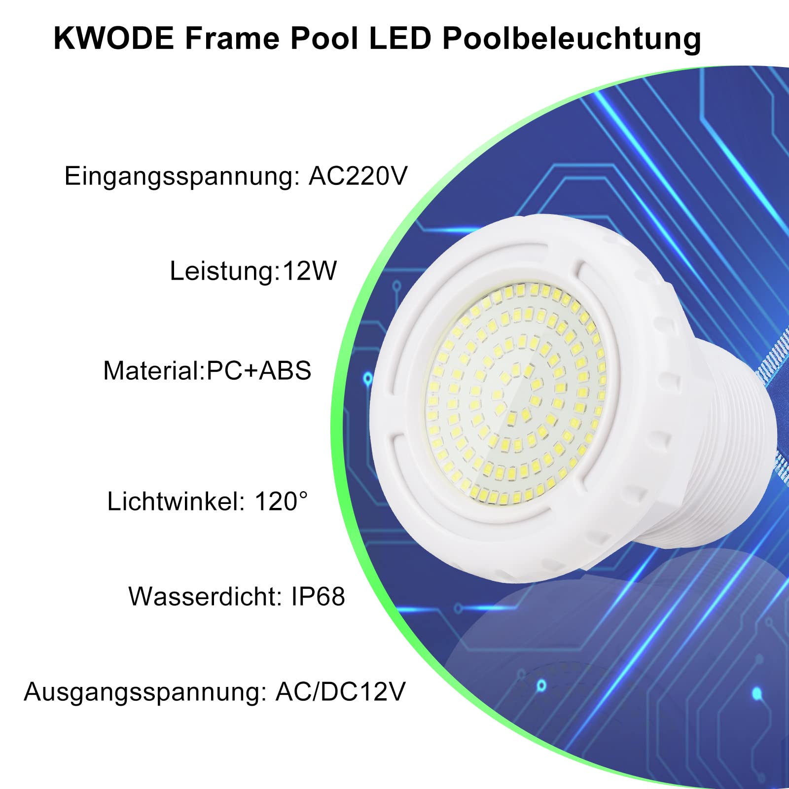 LED Poolbeleuchtung Unterwasser für Aufstellpool, 12W kalte weiße Frame Pool Poolbeleuchtung, 12V LED Unterwasserscheinwerfer IP68 Wasserdicht mit 7m Kabel,Außengewinde 2 ¼ Zoll