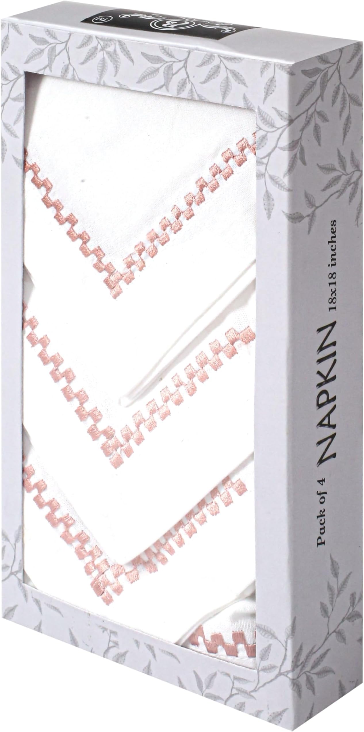 Chic Elegance Collection: Set of 4 Four-Corner Embroidered Hemstitch 18x18 Inch White/Dusty Pink Cotton Napkins - Premium Table Linens for Elegant Dining, Wedding, and Events - Luxurious Cotton Napkin