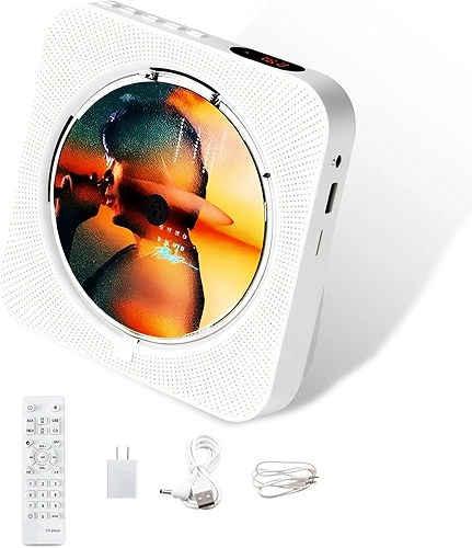 110-220V Portátil Bluetooth 5.1 Desktop CD Player com alto-falantes de som HiFi, controle remoto, capa protetora contra poeira, display LED, rádio FM, USB, AUX para casa, crianças (Branco)