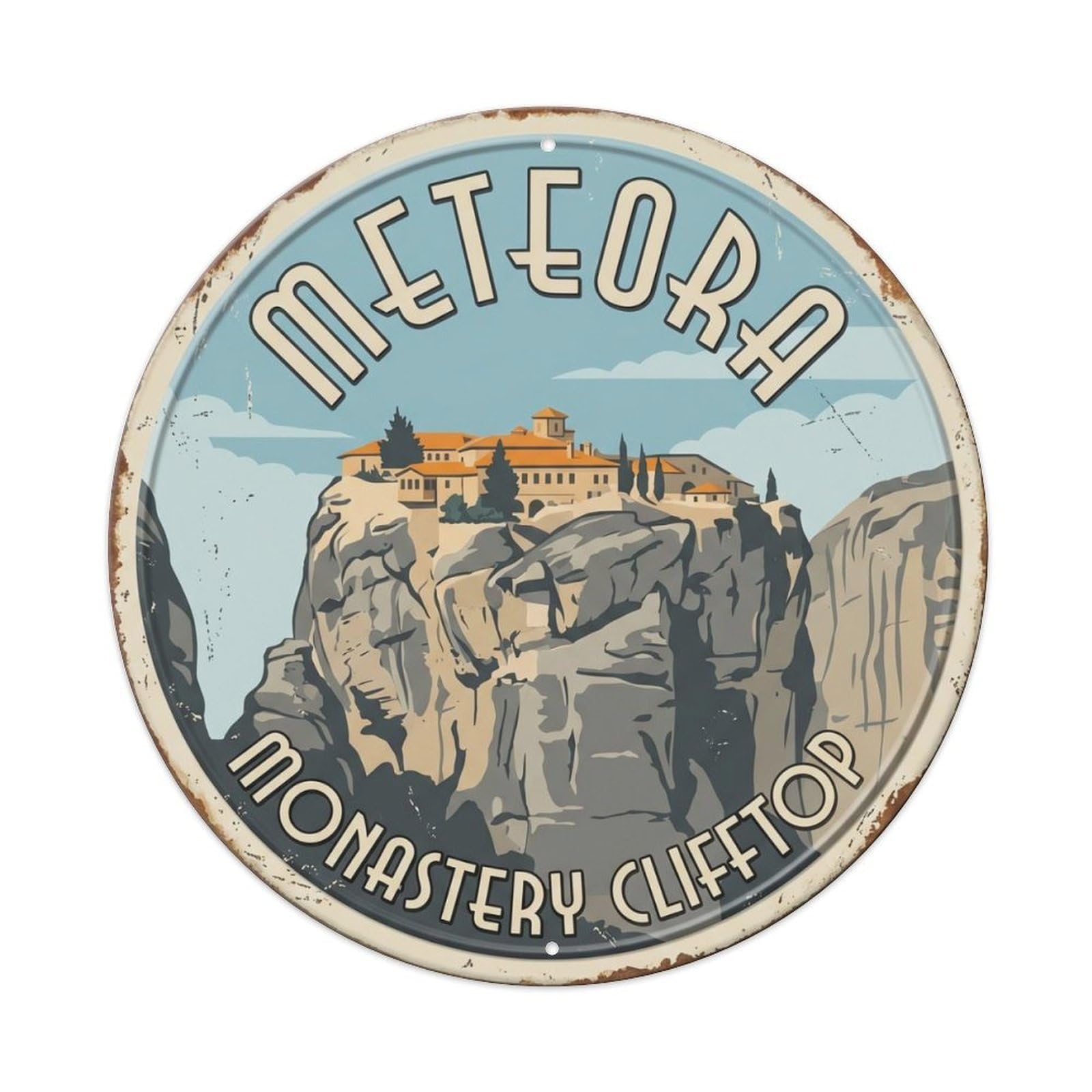 Meteora Monastery Clifftop Greece Sanctuary Metal Tin Sign Plaque Wall Decor for Cafe, Club Bar, Office, Home Garden Round Metal Poster 8x8Inch