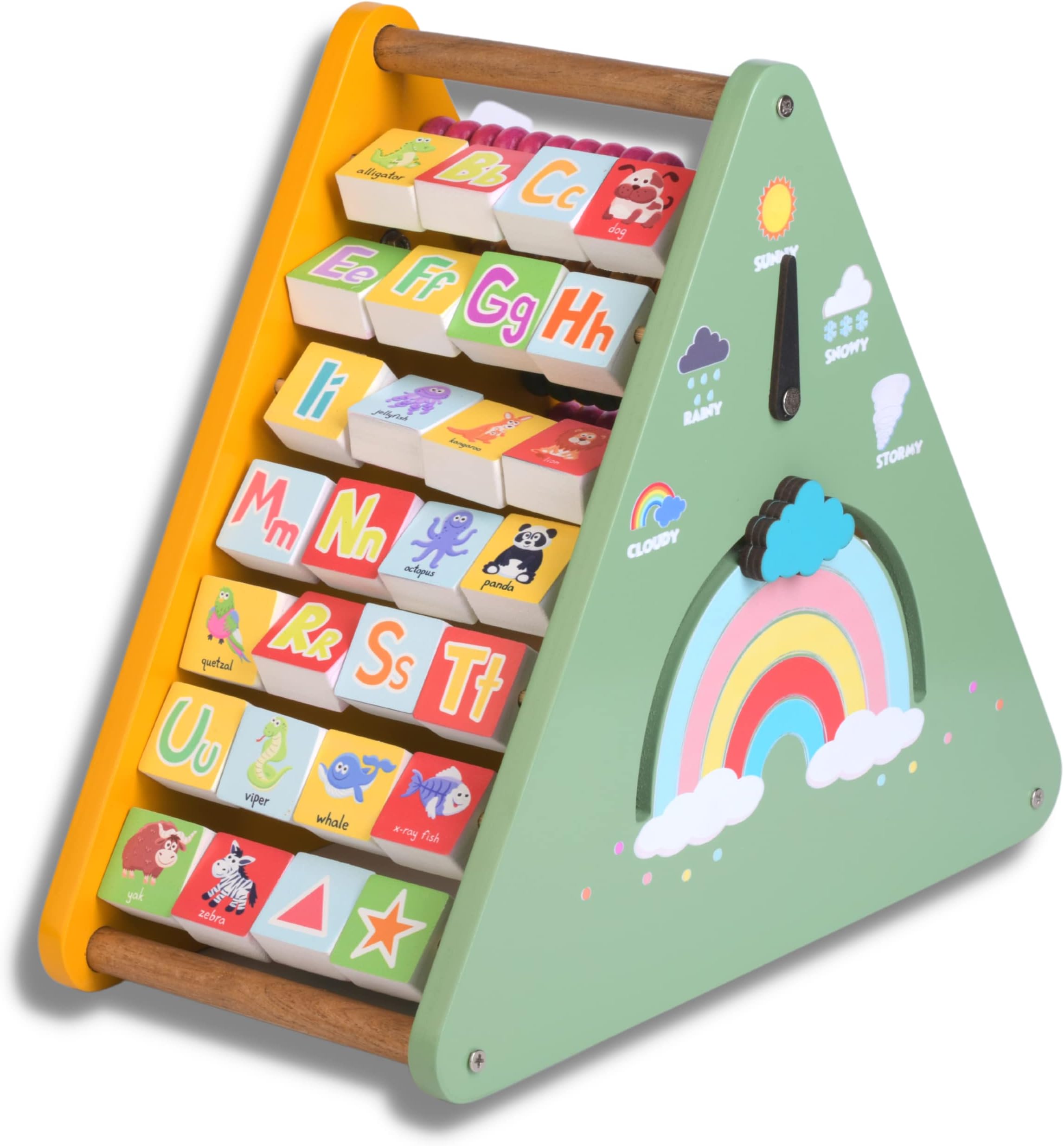 - The Funny Mind 7-in-1 Wooden Activity Triangle for Kids & Toddlers | Educational Learning Toy with Abacus, Gears, Clock, Weather & Alphabets | Montessori-Inspired Activity Toy
