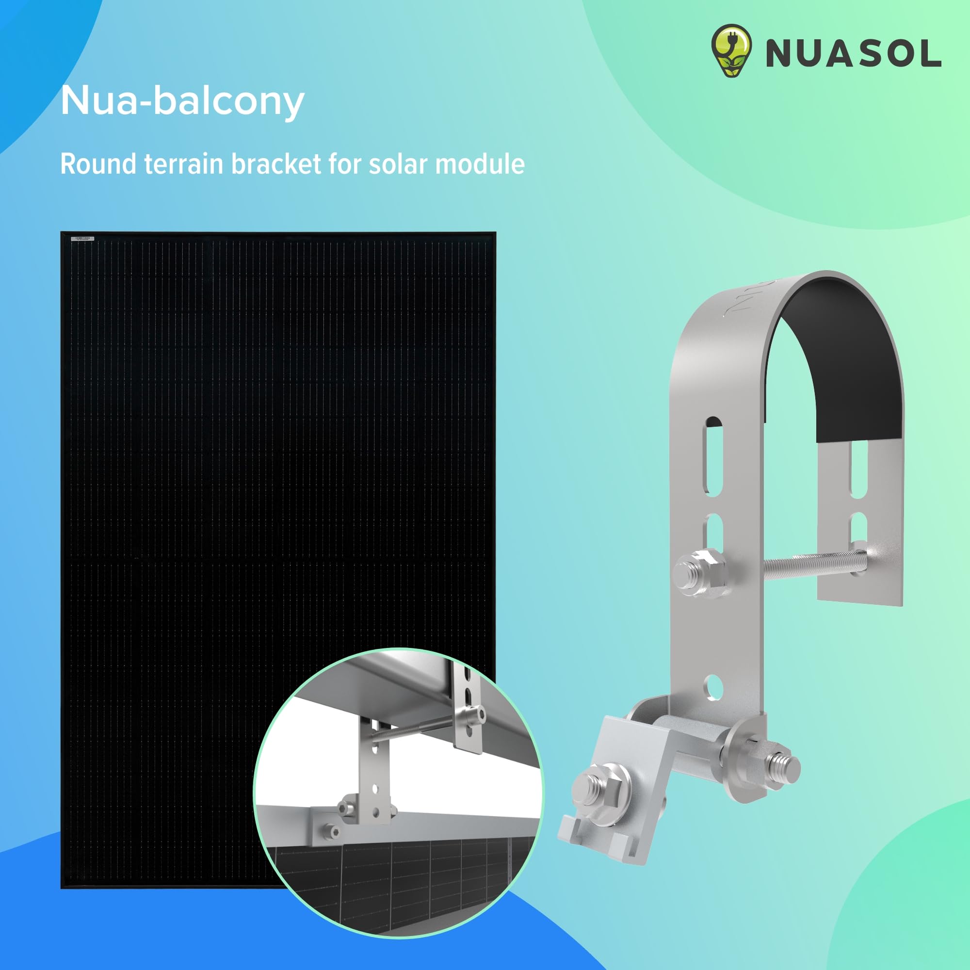 Supporto per centrale elettrica da balcone per ringhiera per 1 pannello solare, un inverter fotovoltaico | rotondo | Set | angolo di inclinazione 0° e 25-45° | diametro ringhiera fino a 80