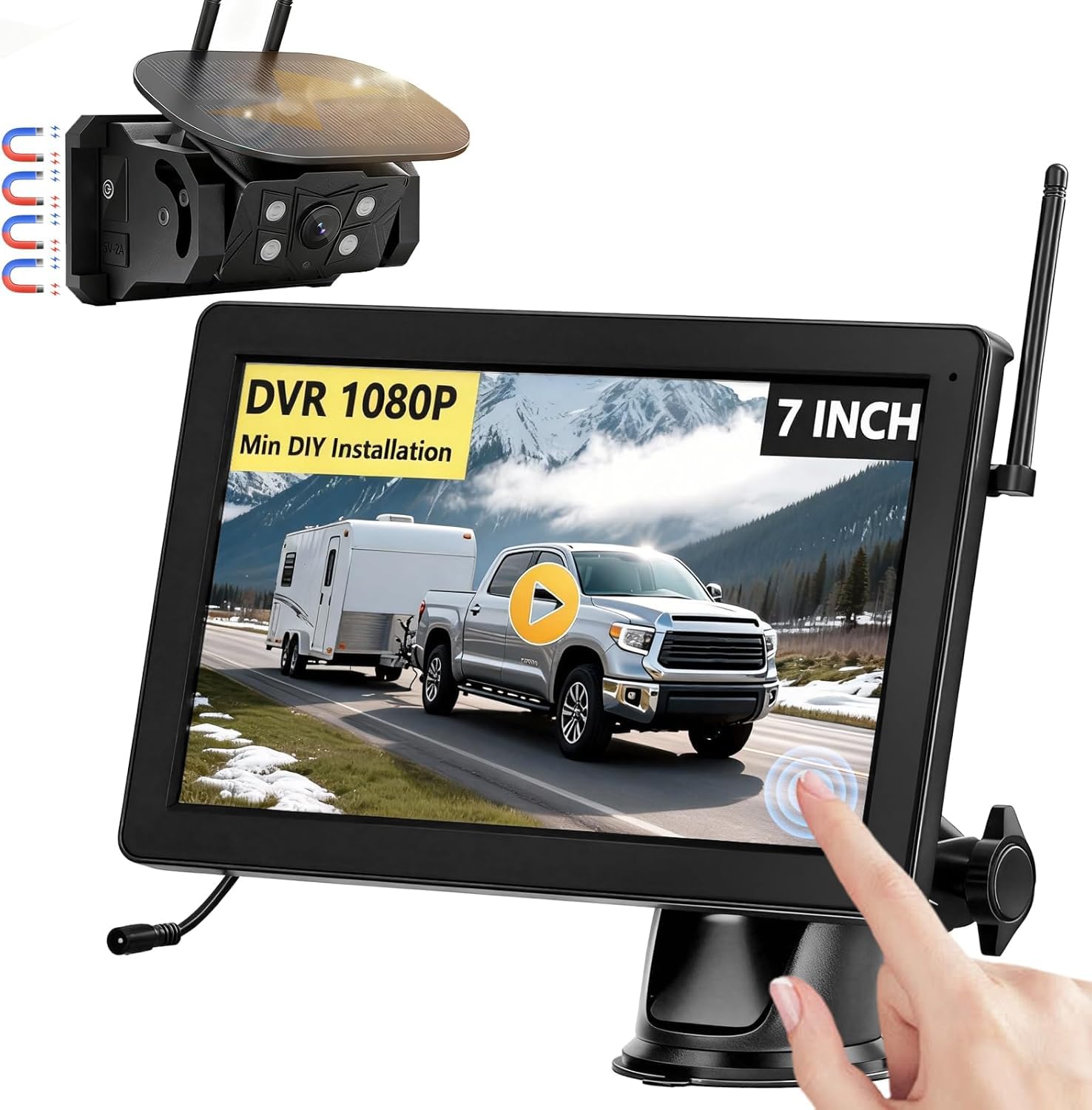 Solare Telecamera Retromarcia Wireless Magnetica, 7 Pollici 1080P Monitor 9600mAh Telecamera Posteriore, Visione Notturna, per Auto, Camion, Rimorchio, Camper(VS-7C)