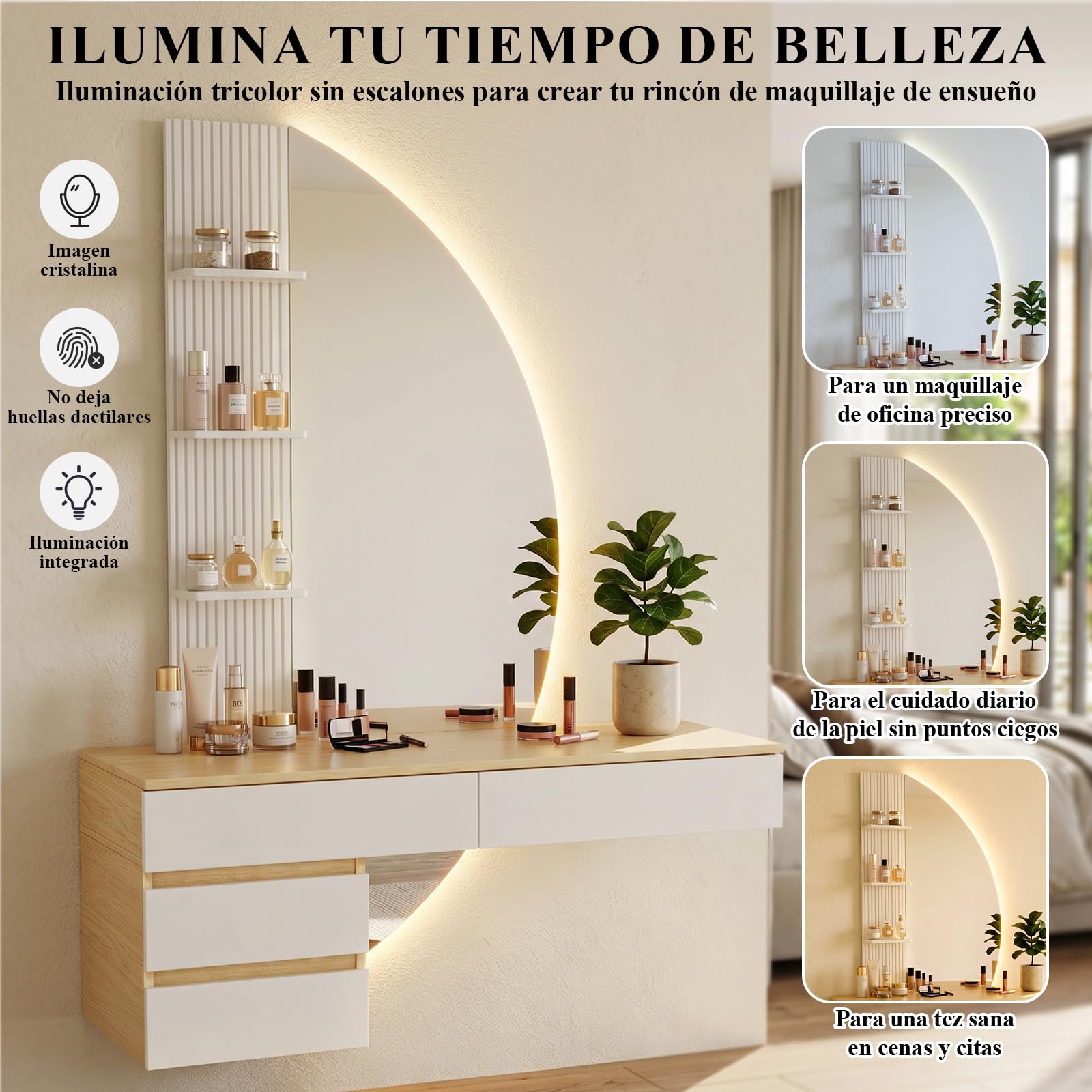 TRIUMPHKEY Tocador de Pared con Espejo en Forma de Media Luna y Luz LED Regulable, Mesa de Maquillaje Flotante con 4 Cajones y 3 Estantes, Tocador Moderno de Ahorro de Espacio para Dormitorio (Blanco)