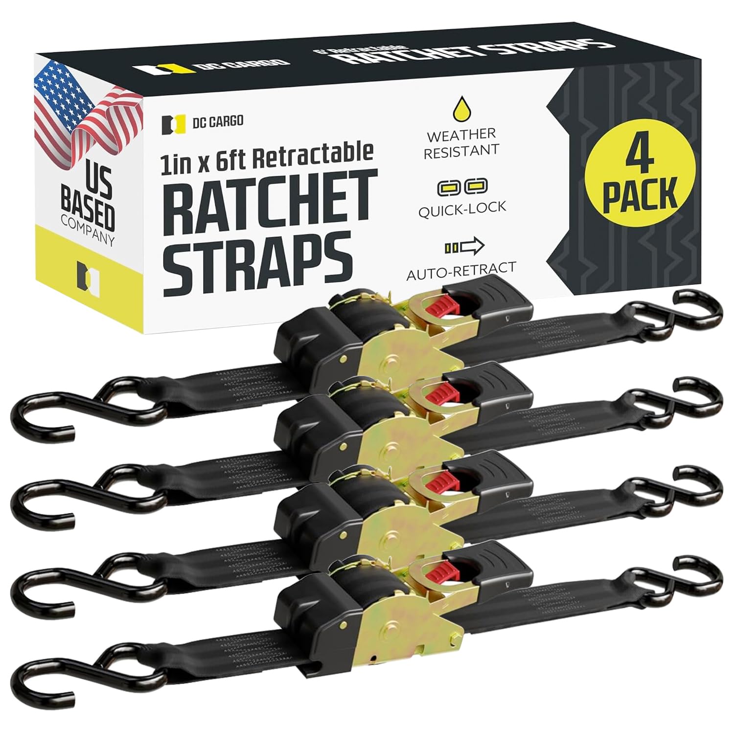 DC Cargo Mall - Auto Retracting Ratchet Straps (4 Pack 1 inch x 6') - Heavy Duty Tie Down Retractable Ratchet Straps - Easy Self Contained Black Ratchet Strap Tie Downs for Trailers, Vehicles, Boat