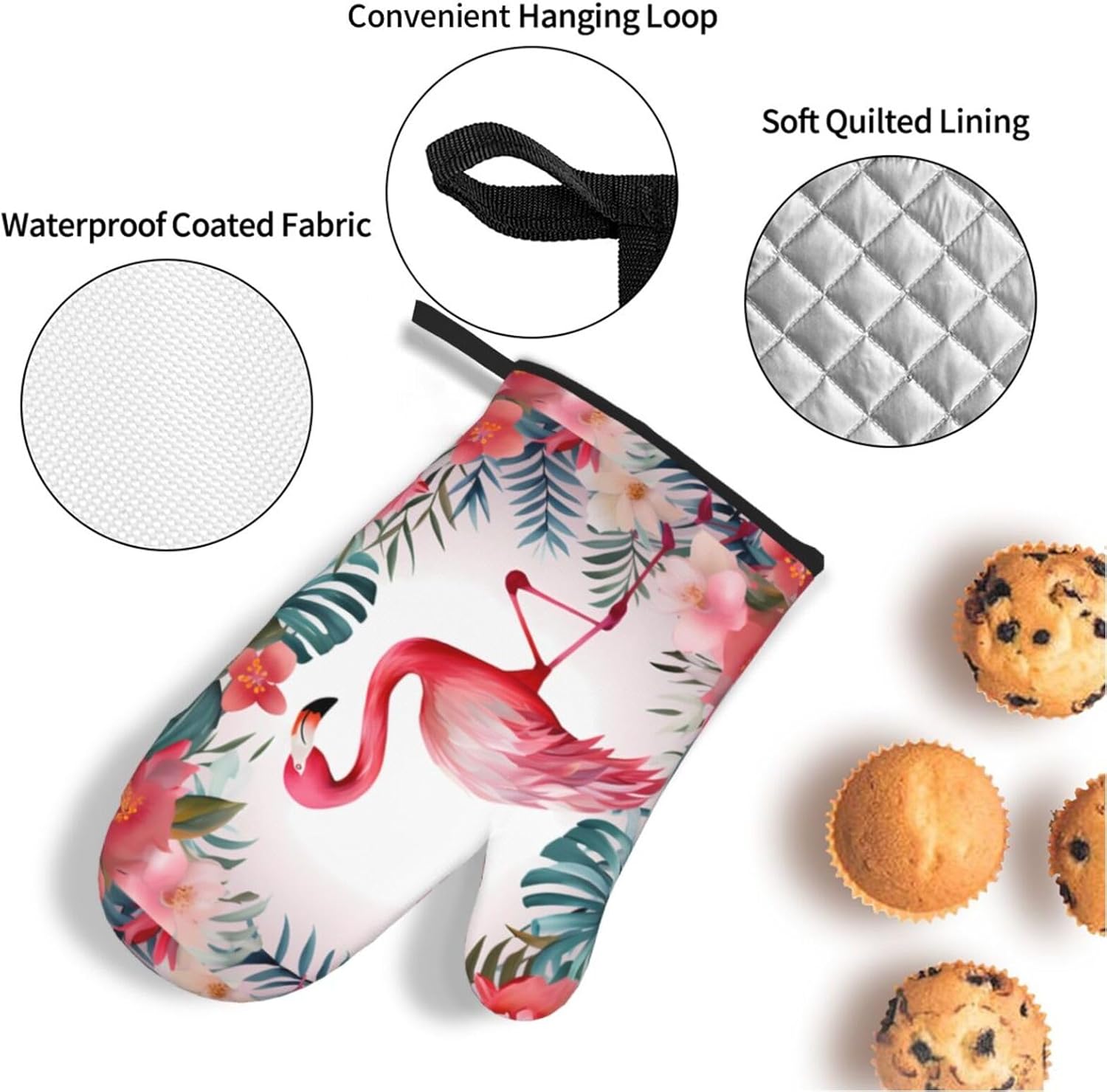 (Floral with Flamingo) Baking 4-Piece Set: 2 Oven Mitts and 2 Pot Holders Heat Resistant Waterproof Hanging Loop for Kitchen Oven Grill Housewarming Gifts