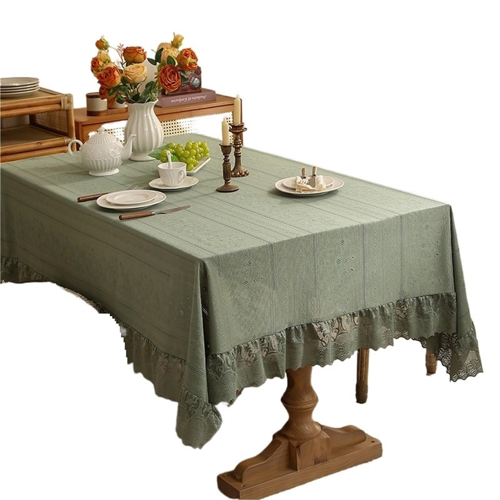 VIOLDHHJK Lace Tablecloth Lace Rectangle Tablecloth Vintage Ruffled Wedding Banquet Decoration Home Garden Party Decor(Green,140X180)