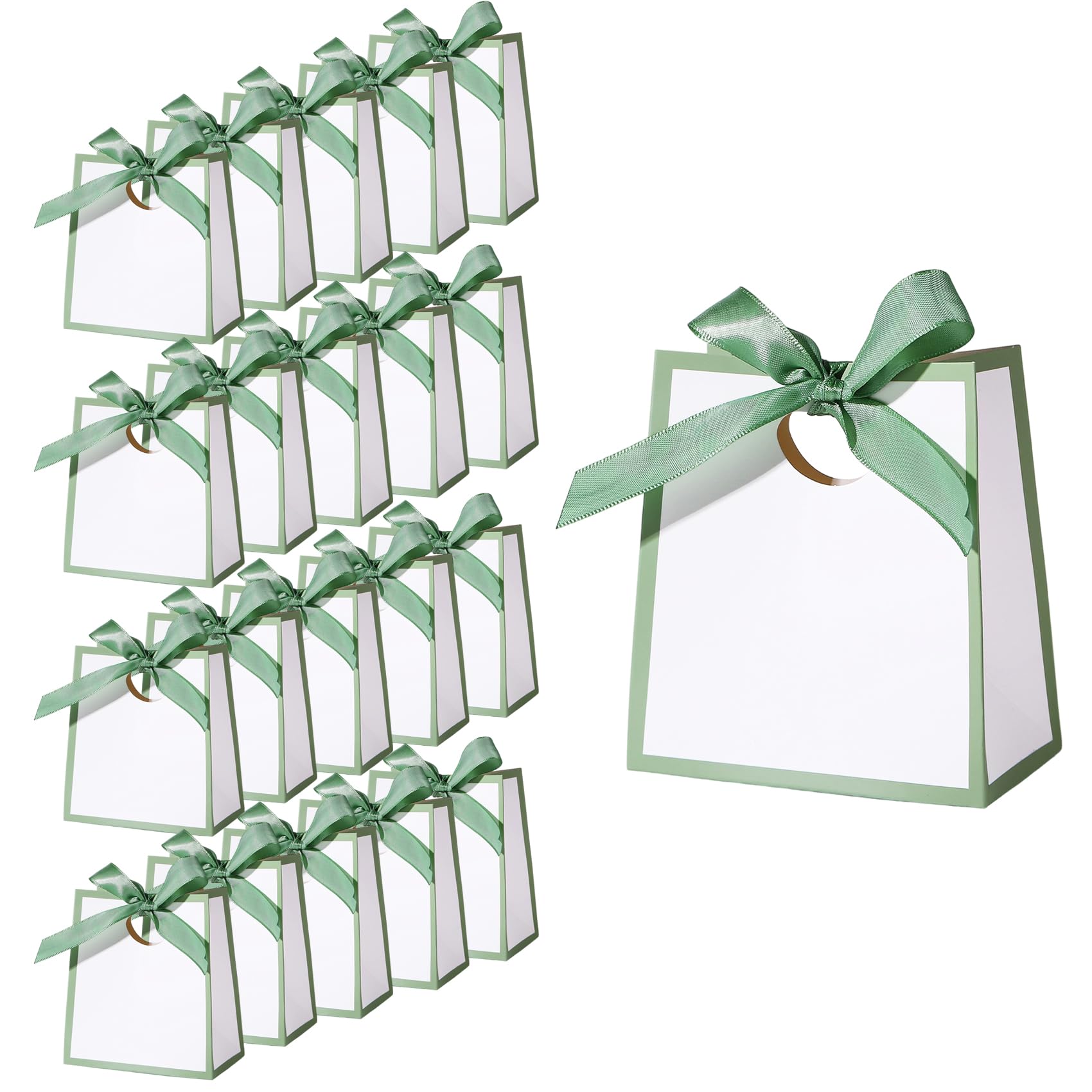 20Pcs Mini Gift Bags with Green Ribbons 12× 11× 6 cm Small White Gift Bags White Party Bags for Wedding Baby Shower Birthday