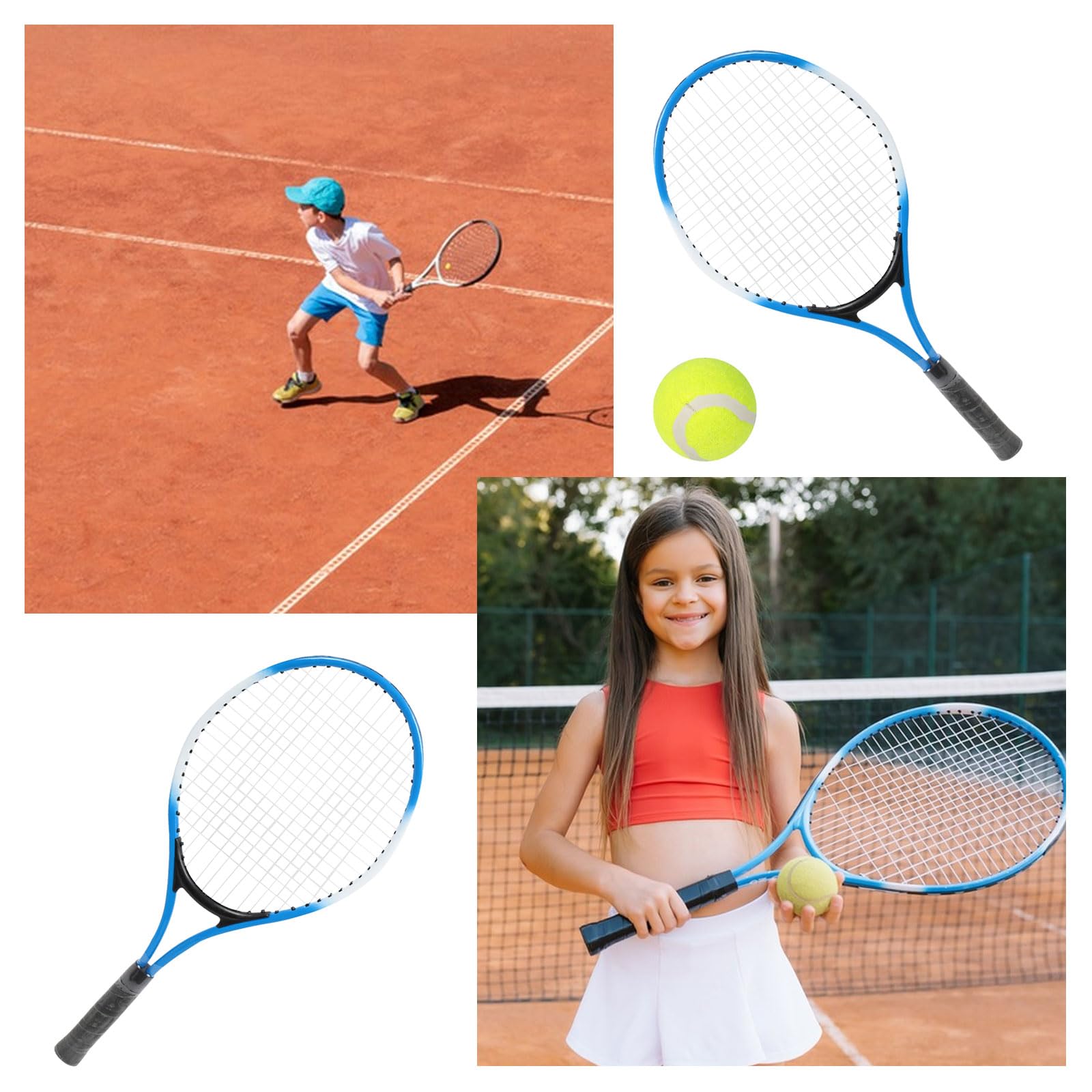 Raquette de Tennis Enfants Alliage de Fer Kit Démarrage Débutant avec Balle et Sac de Transport Bleu