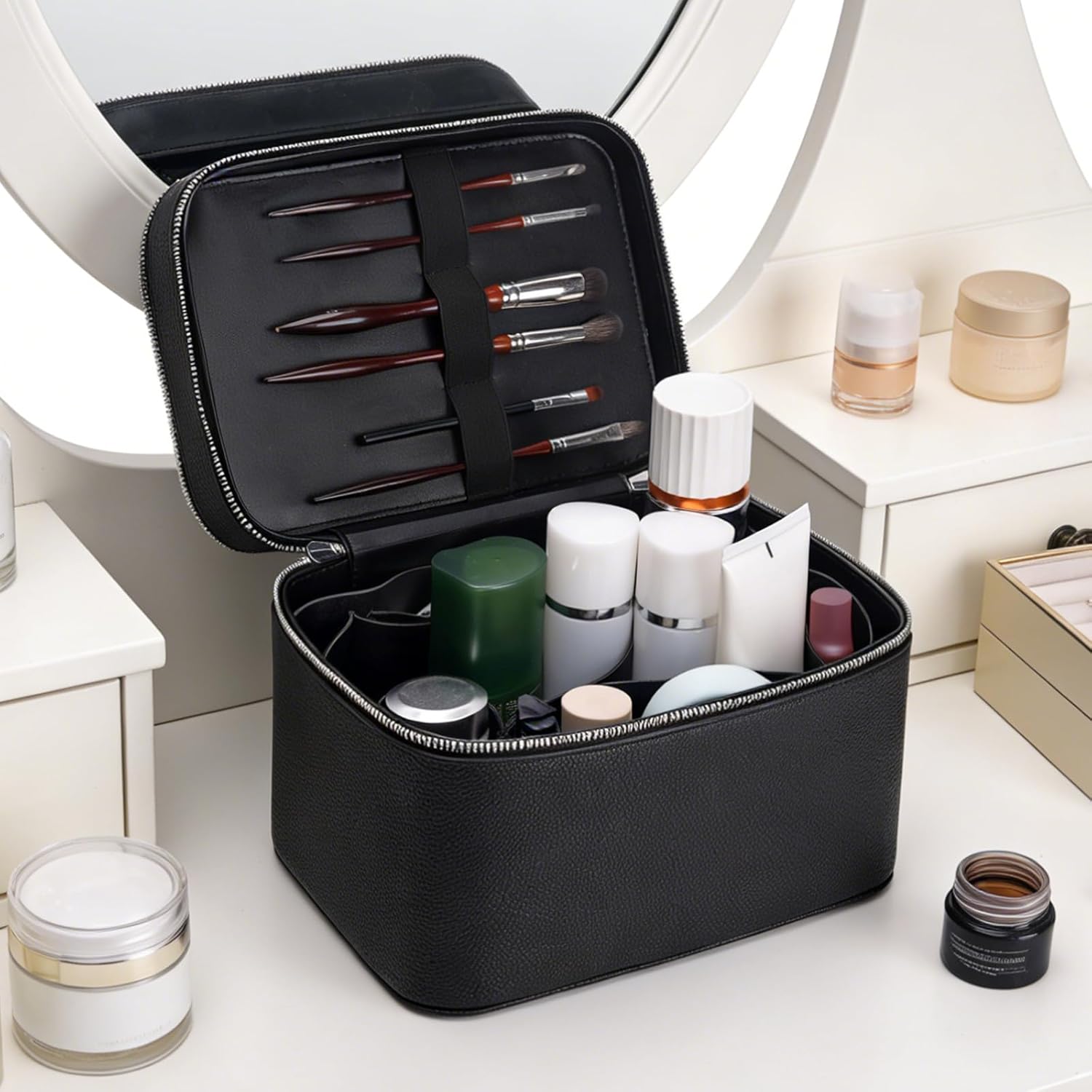 Makeup Case, Large Capacity Waterproof Double Layer Cosmetic Bag with Removable Divider, Double Compartment Brush Organizer, Multi-functional Travel Organizer Black-2(9.5 * 6.5 * 7in)