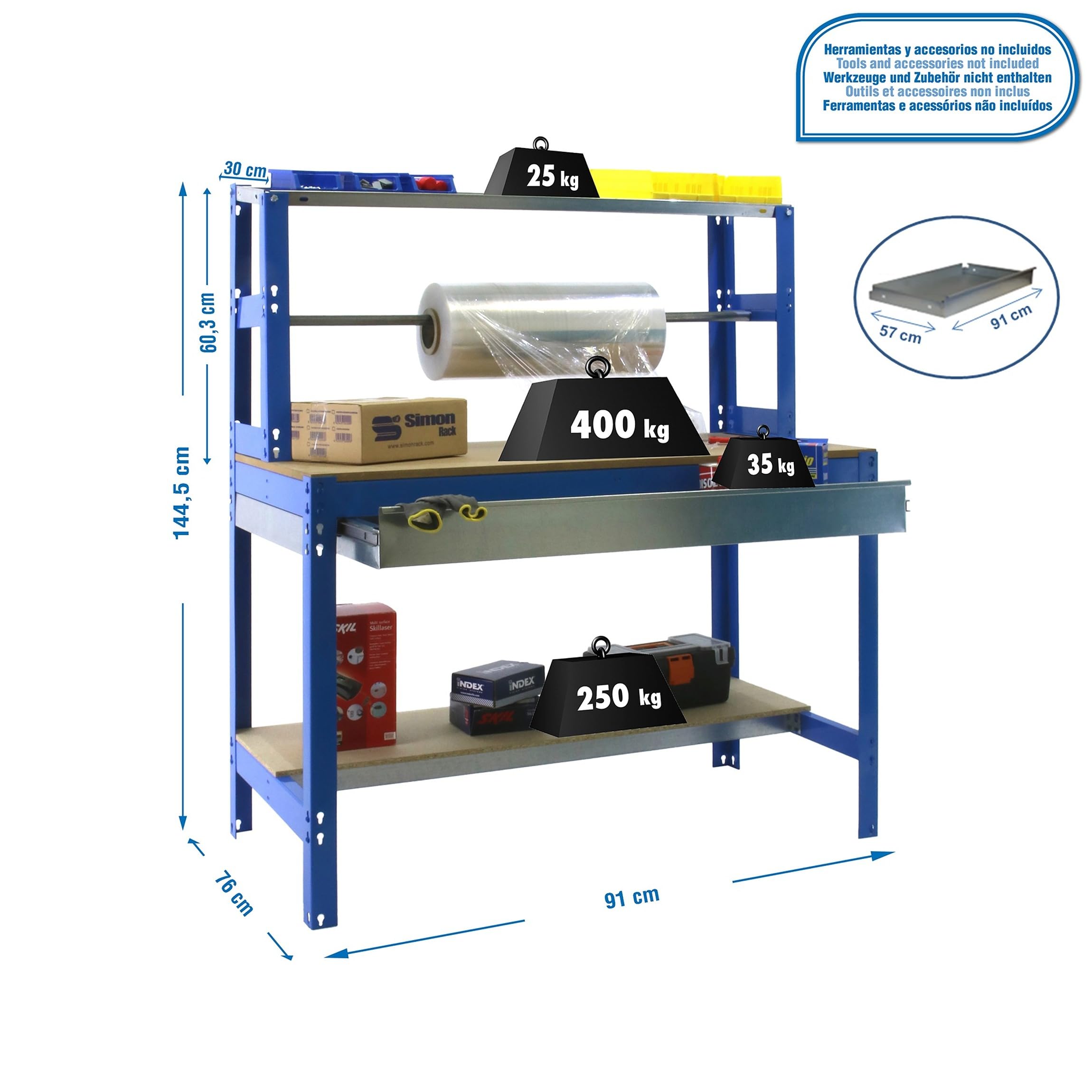Simonrack Banc de travail BT4 avec tiroir Simonwork bleu/bois 1445 x 910 x 760 mm – Banc d'emballage – Table logistique 400 kg de capacité par étagère