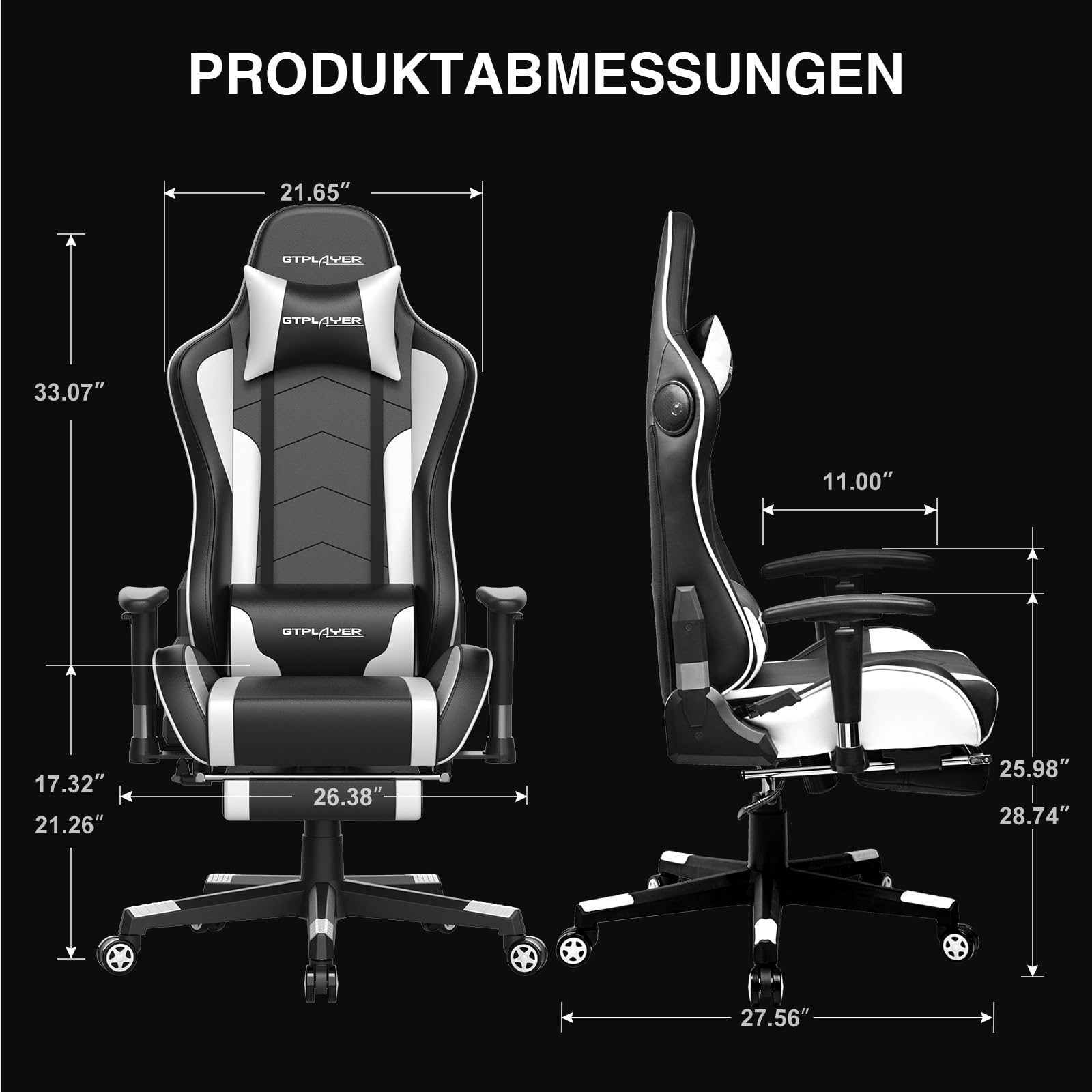 GTPLAYER Gaming Stuhl Gamer Stuhl mit Fußstütze Bluetooth Lautsprecher Ergonomischer Bürostuhl Computerstuhl Schreibtischstuhl PC Stuhl mit verstellbare Rückenlehne 150 kg Belastbarkeit weiß