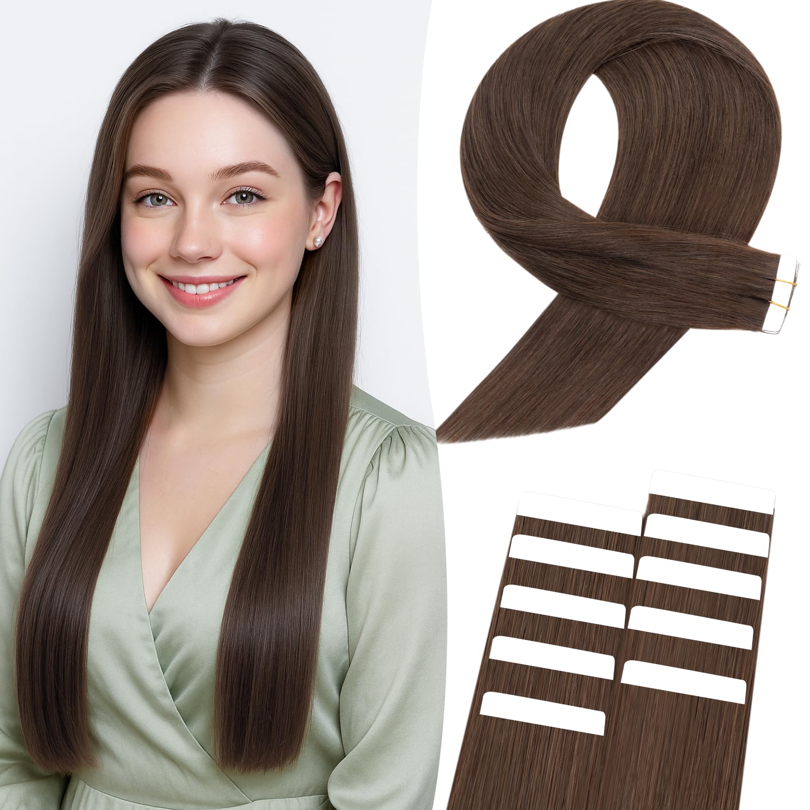 MY-LADY Tape in Hair Extensions 10 Pcs Invisible Thin Type 16 Inch Real Human Hair Tape in Extensions Straight Seamless #2 Dark Brown 15g